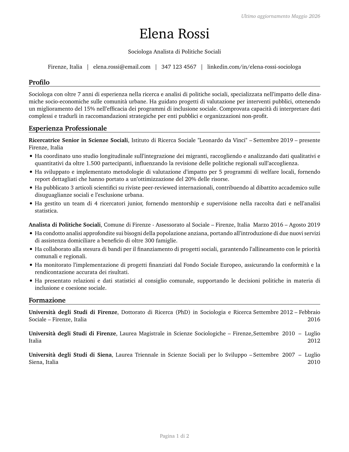 Social Scientists and Related Workers, All Other CV in Italian — page 1