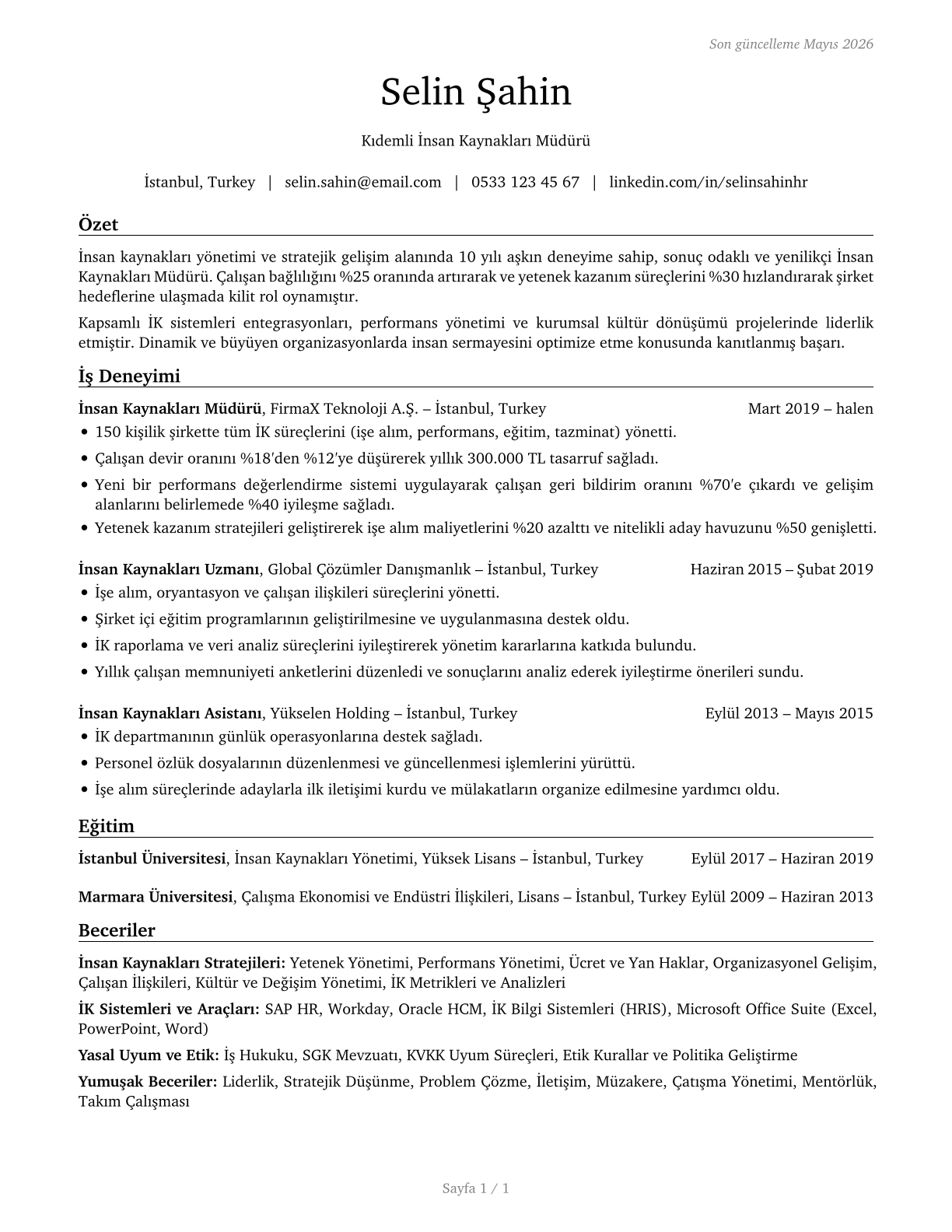 Human Resources Managers CV in Turkish — page 1