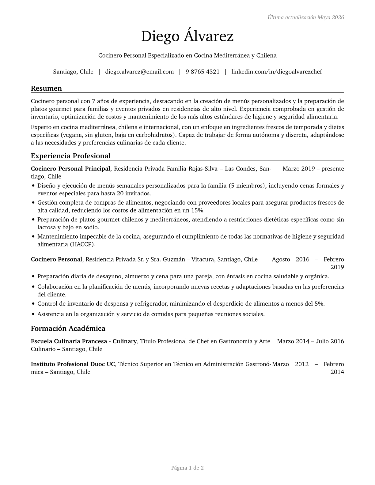 Cooks, Private Household CV in Spanish — page 1