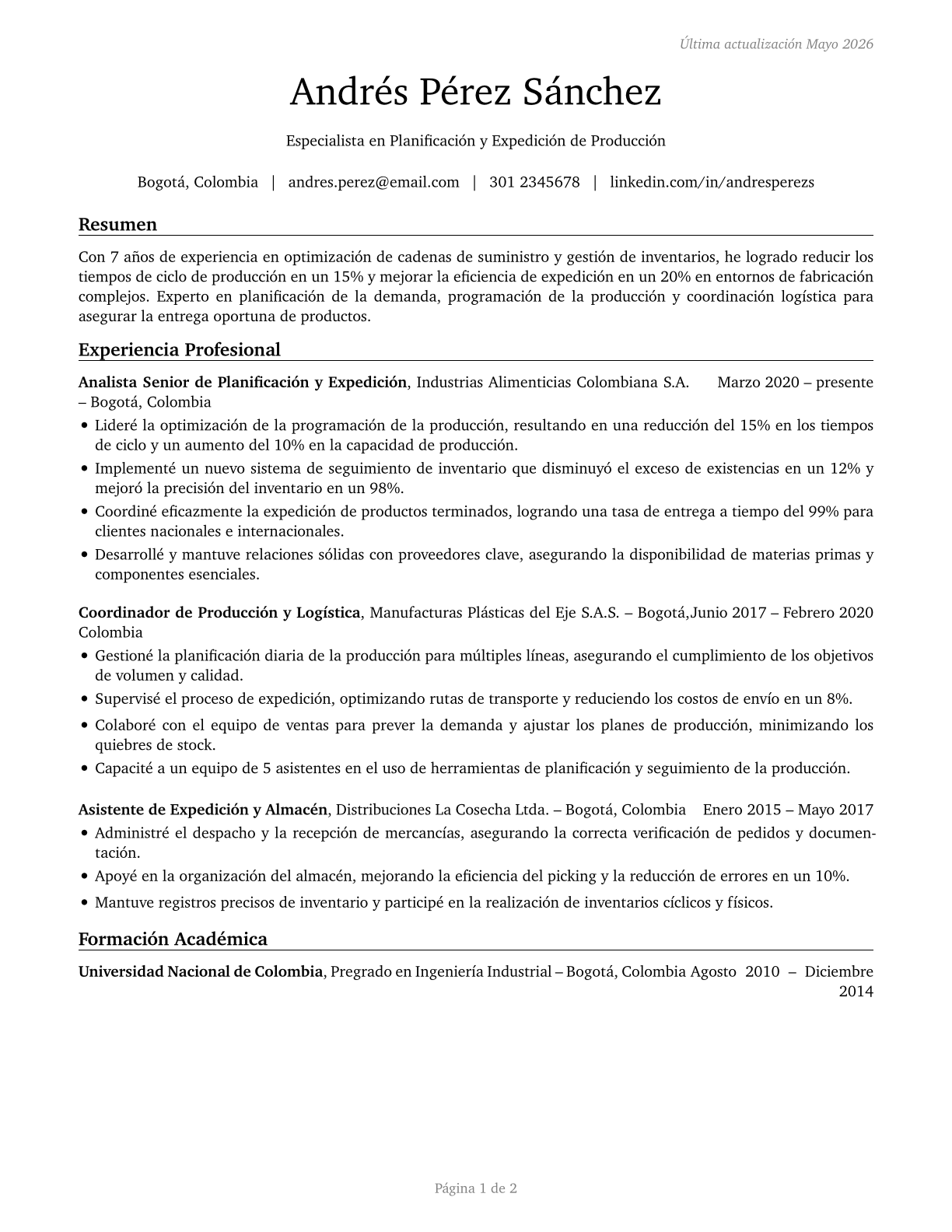 Production, Planning, and Expediting Clerks CV in Spanish — page 1