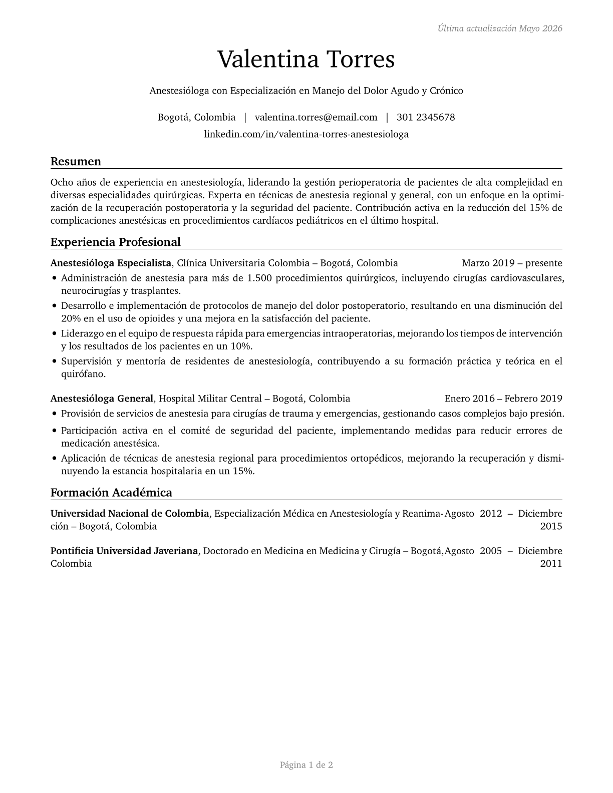Anesthesiologists CV in Spanish — page 1