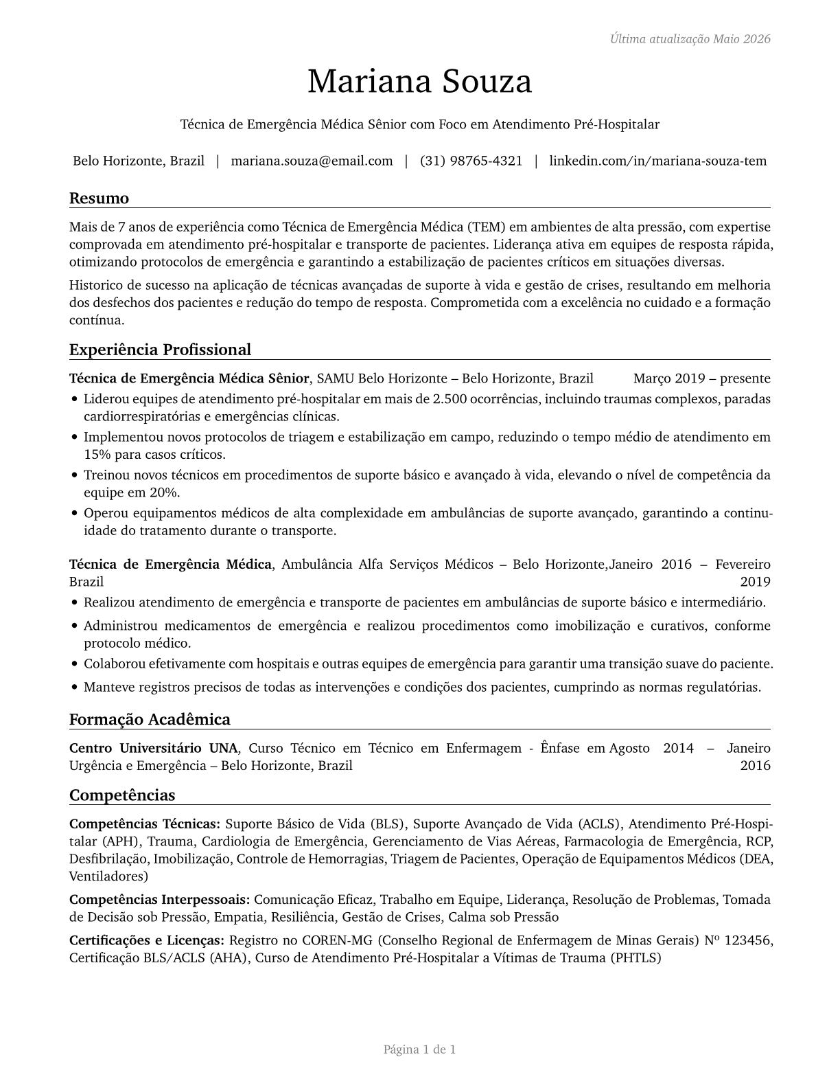 Emergency Medical Technicians CV in Portuguese — page 1