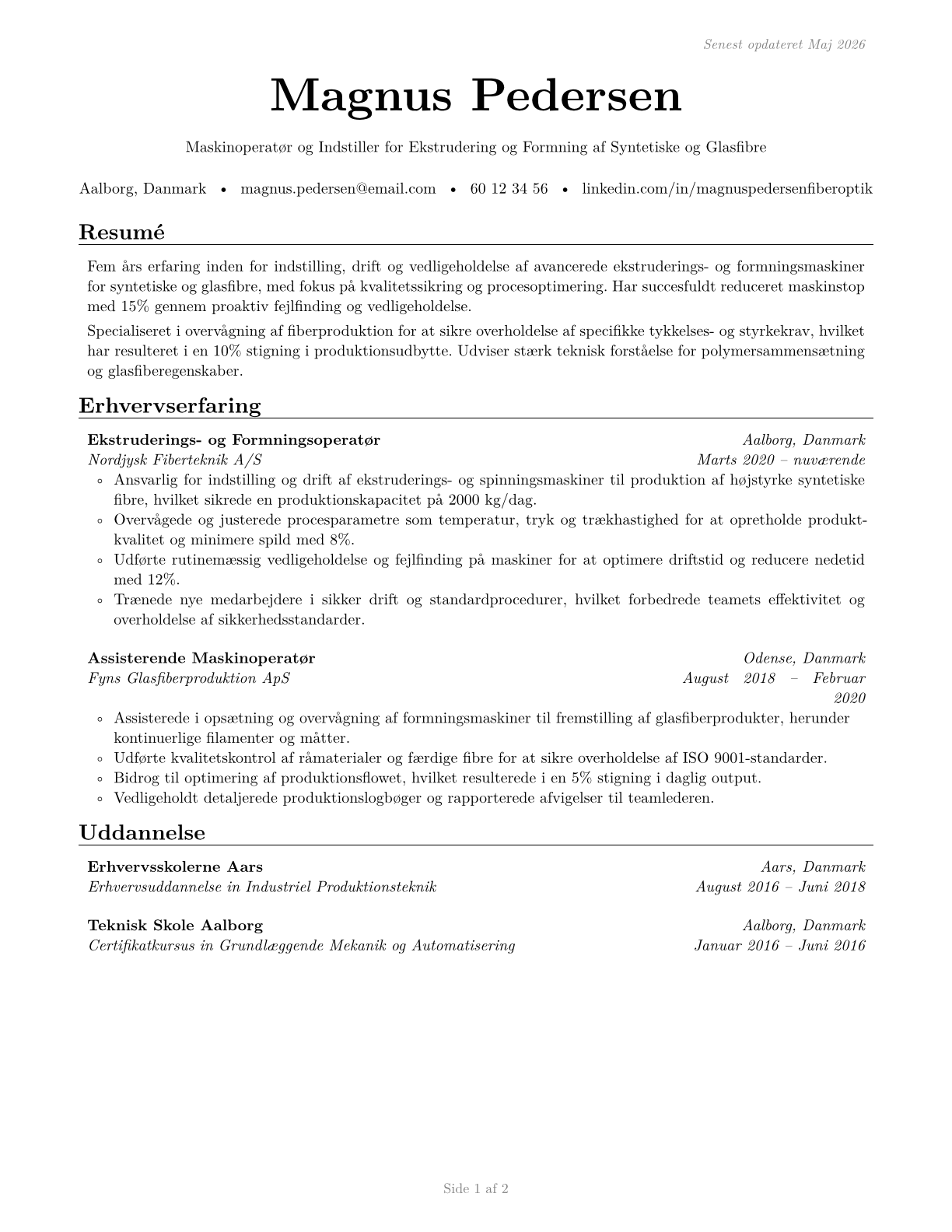 Extruding and Forming Machine Setters, Operators, and Tenders, Synthetic and Glass Fibers CV in Danish — page 1