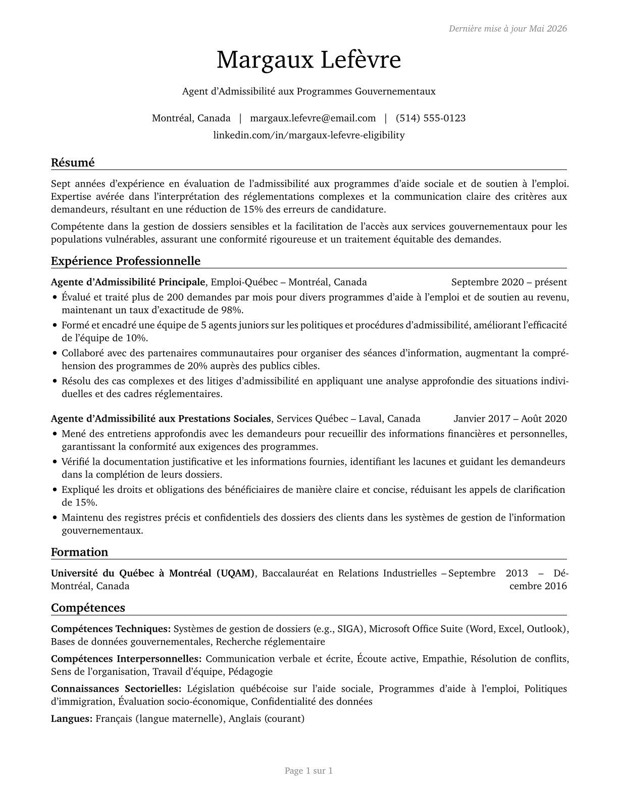 Eligibility Interviewers, Government Programs CV in French — page 1