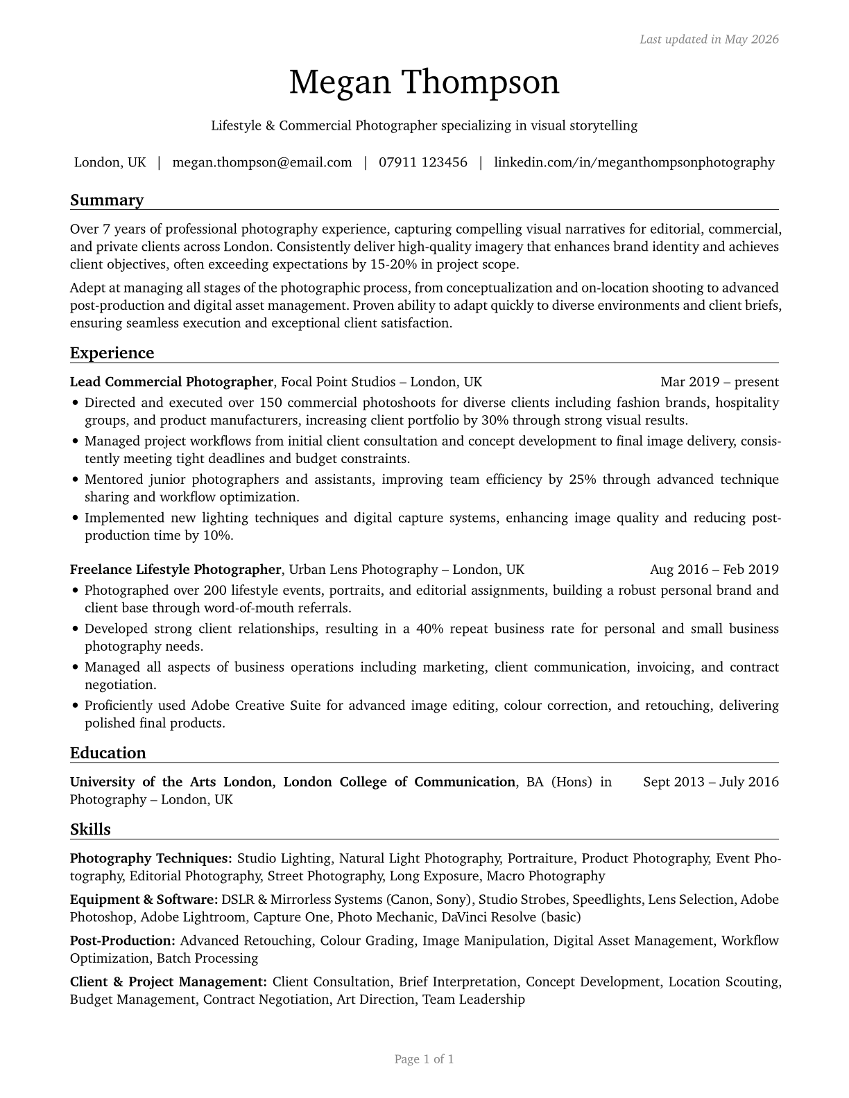 Photographers CV in English — page 1