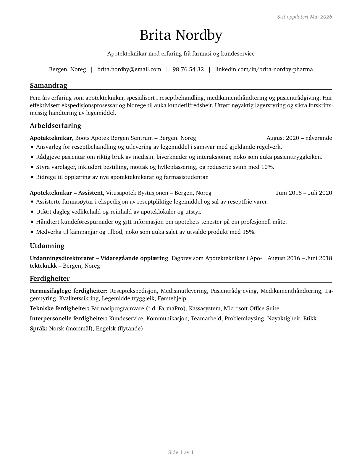 Pharmacy Technicians CV in Norwegian_nynorsk — page 1