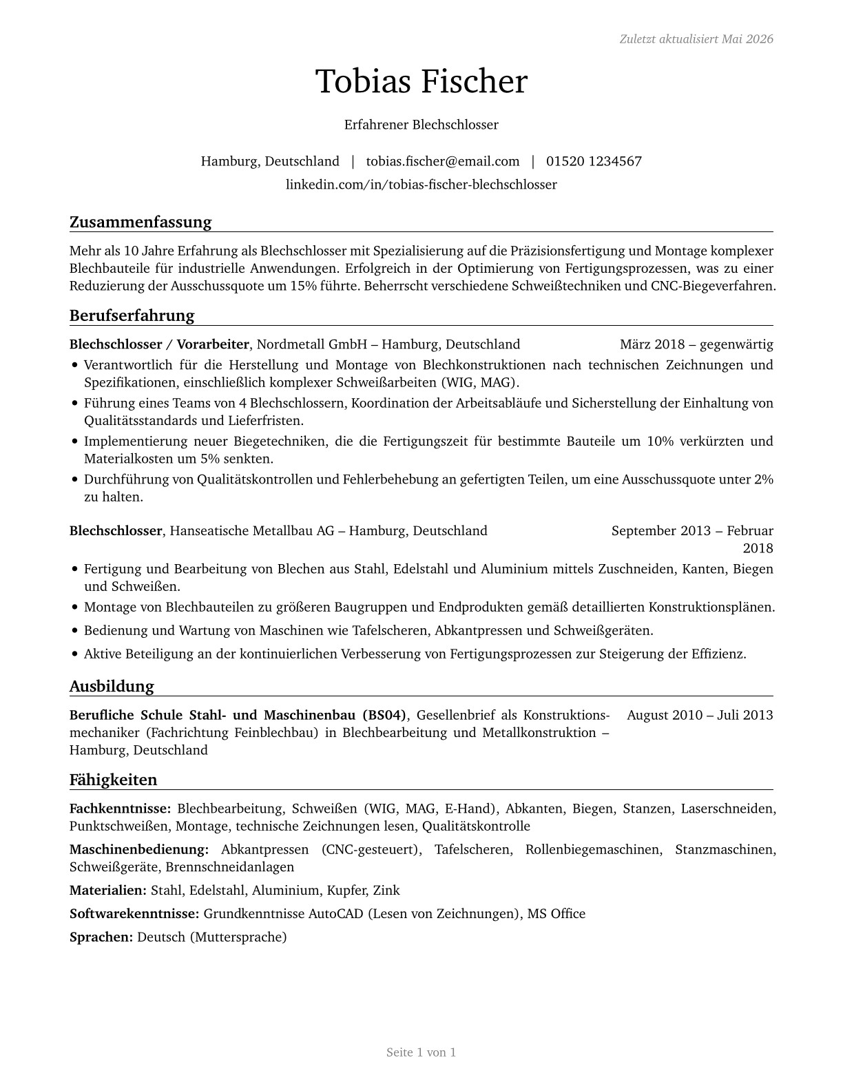Sheet Metal Workers CV in German — page 1