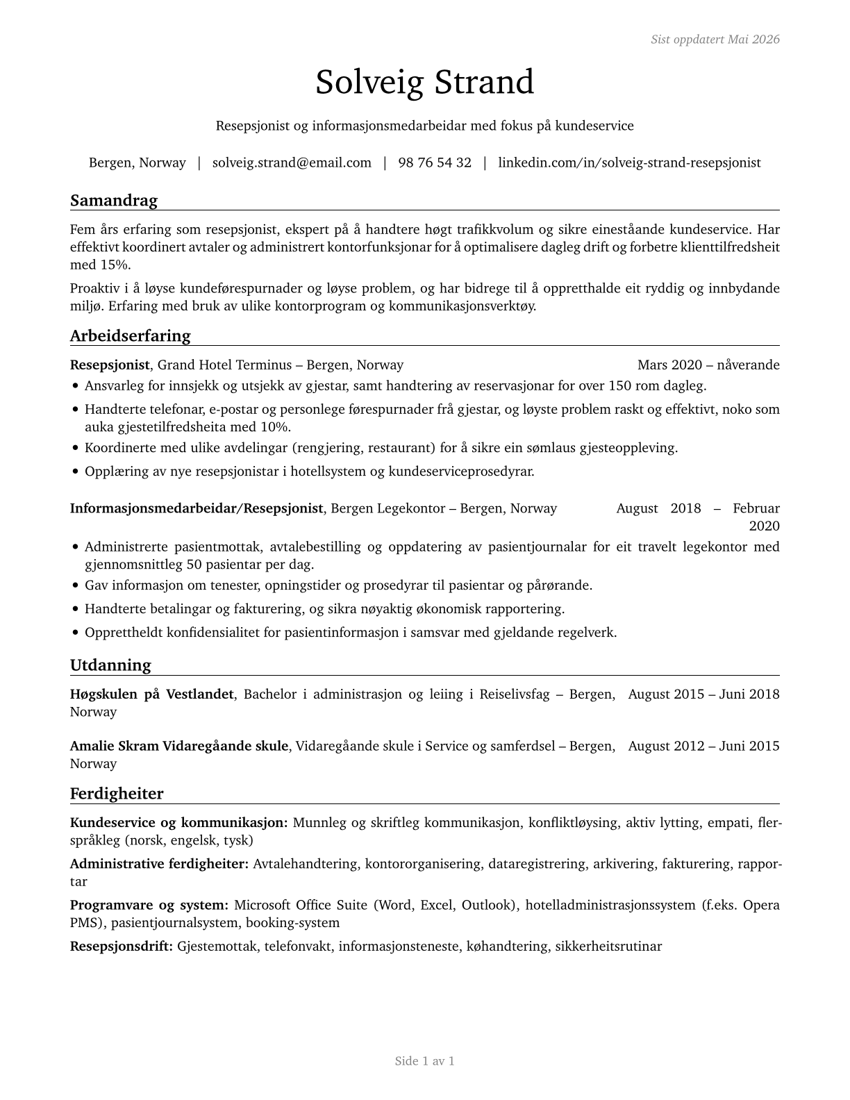 Receptionists and Information Clerks CV in Norwegian_nynorsk — page 1