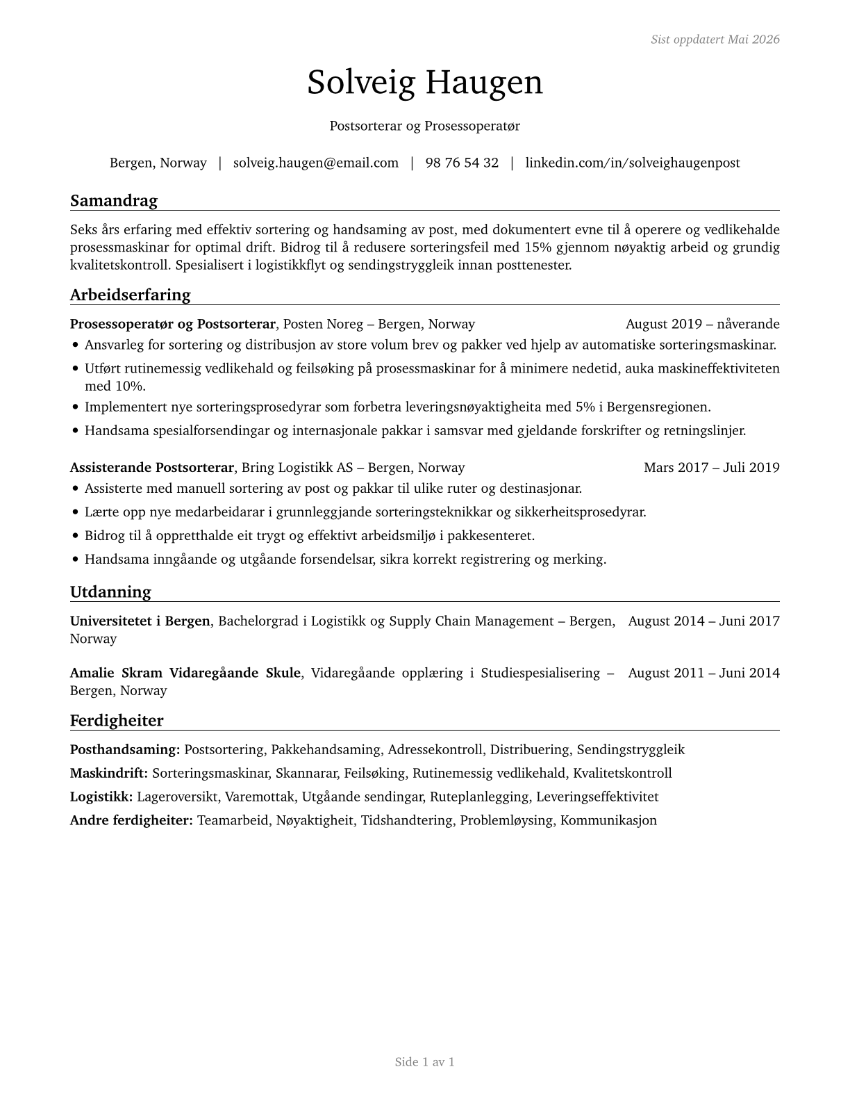 Postal Service Mail Sorters, Processors, and Processing Machine Operators CV in Norwegian_nynorsk — page 1