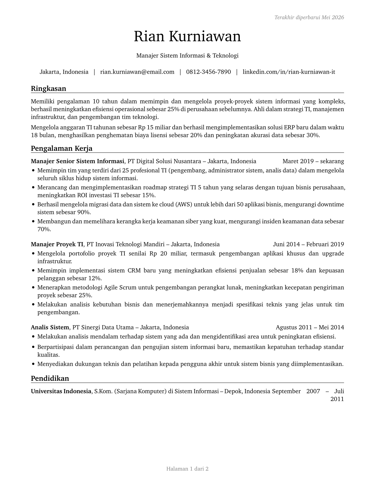 Computer and Information Systems Managers CV in Indonesian — page 1