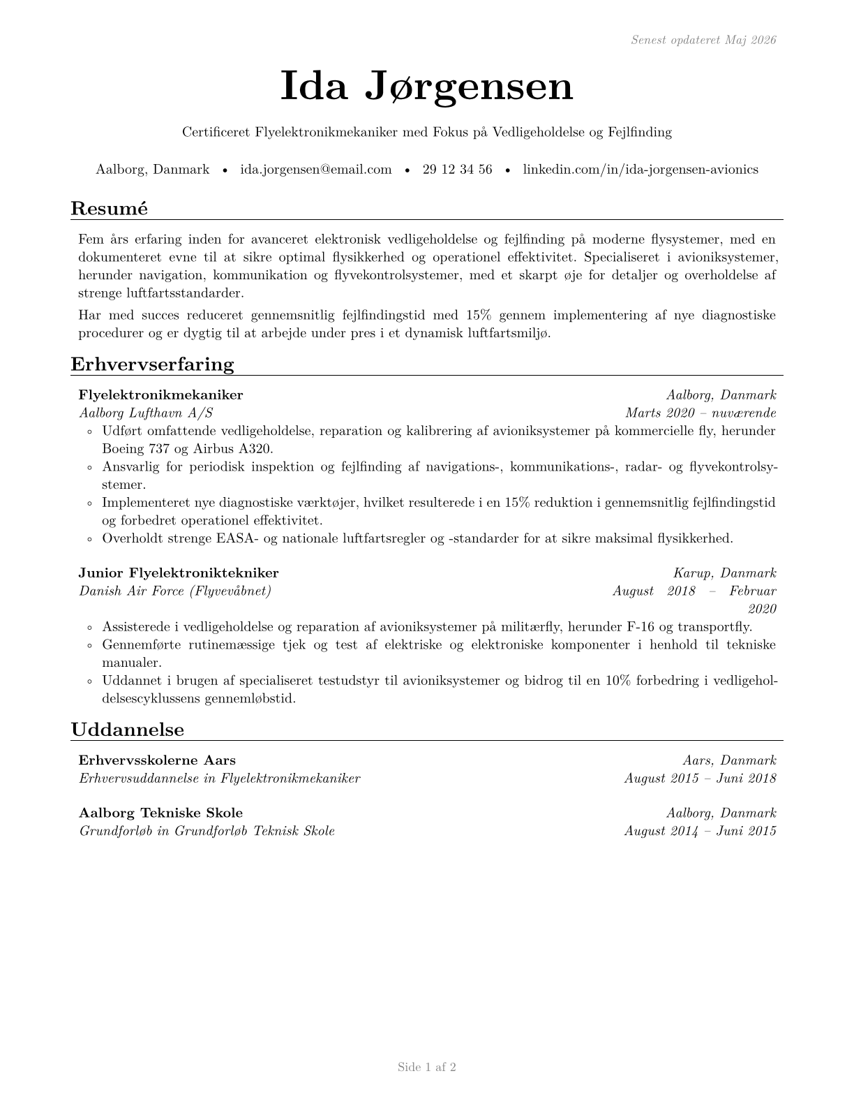 Avionics Technicians CV in Danish — page 1