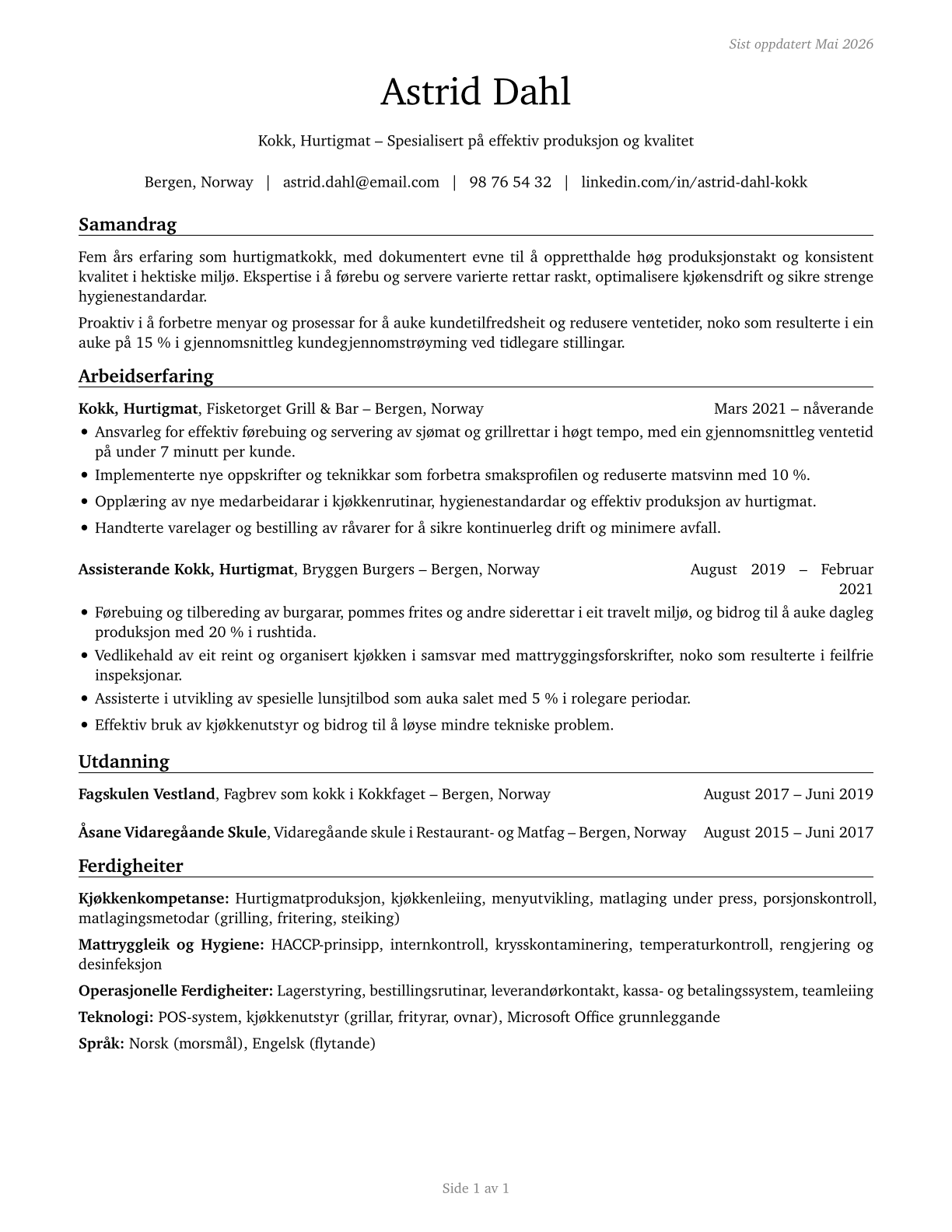 Cooks, Short Order CV in Norwegian_nynorsk — page 1