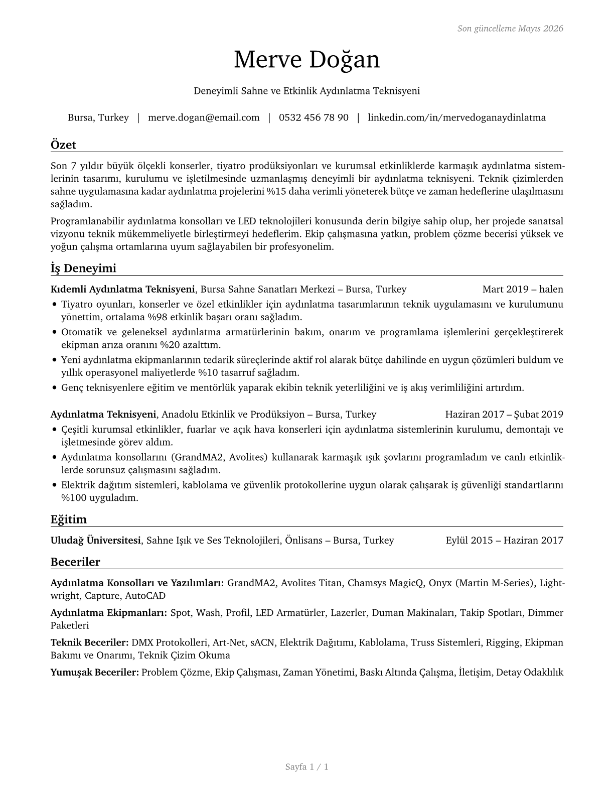 Lighting Technicians CV in Turkish — page 1