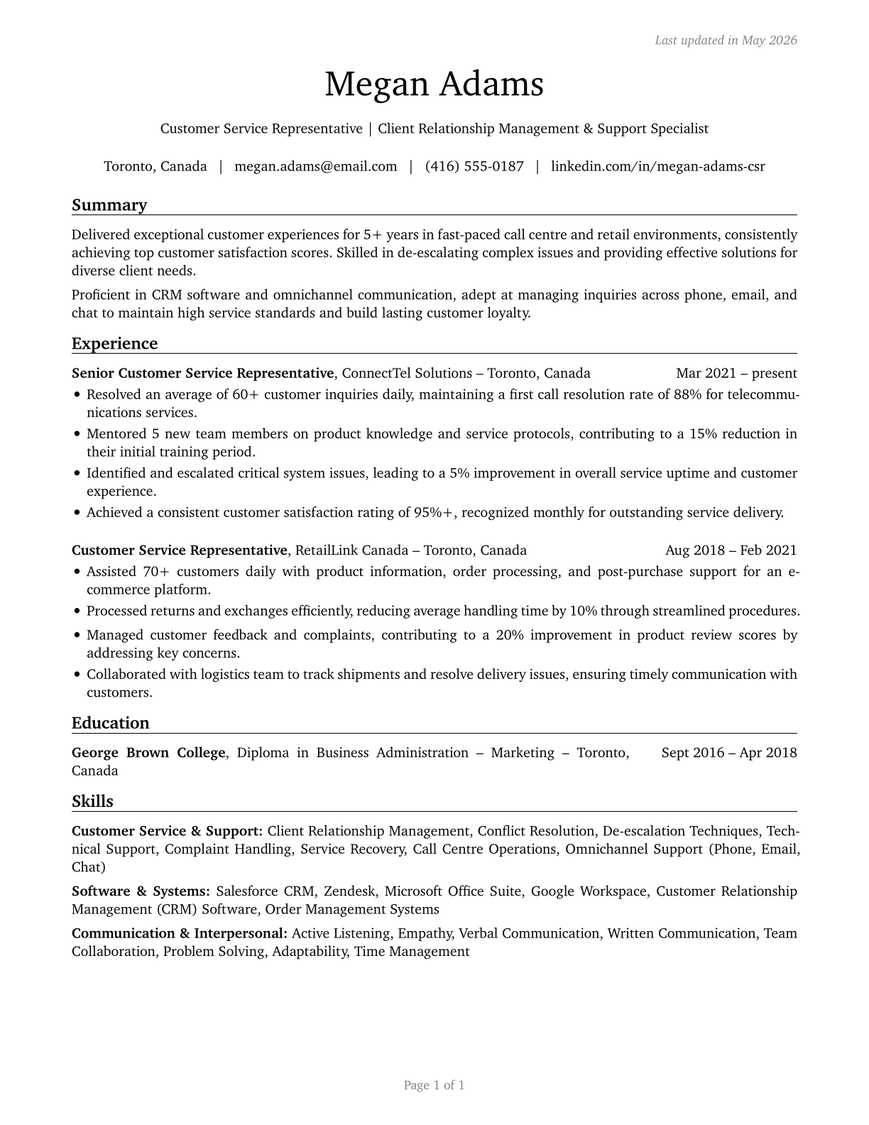 Customer Service Representatives CV in English — page 1