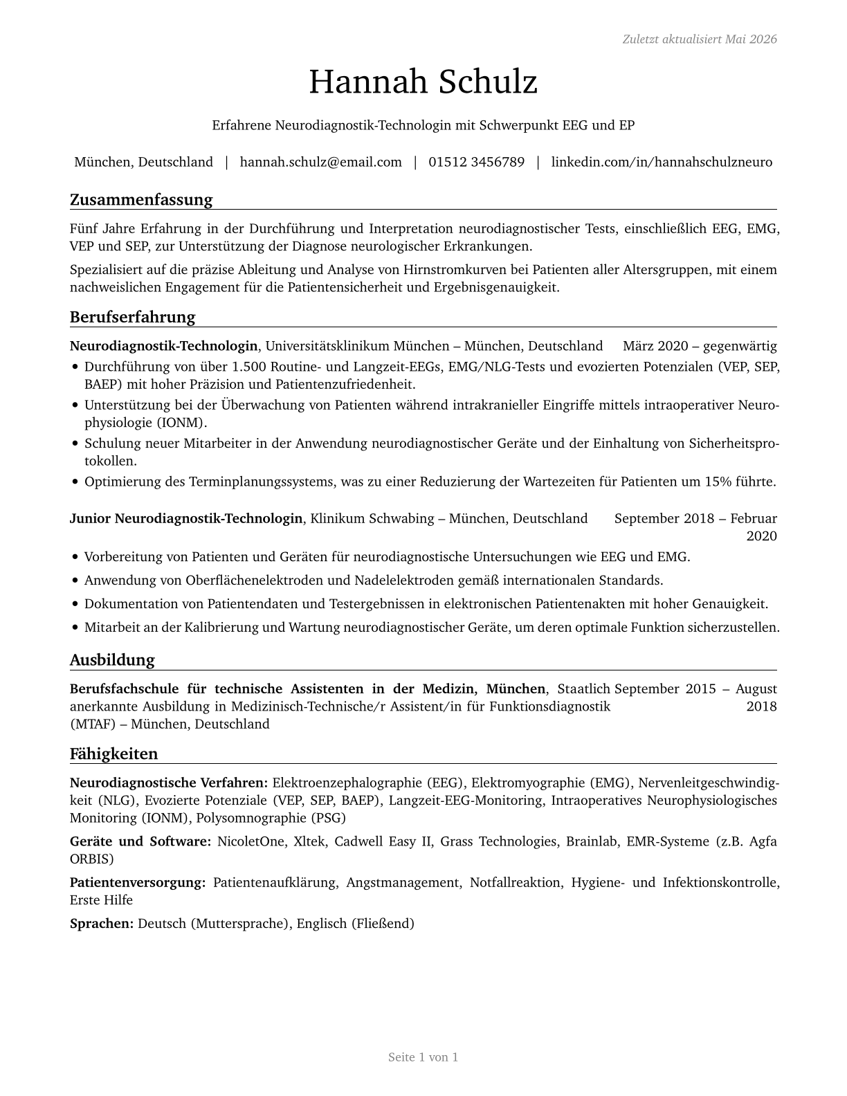 Neurodiagnostic Technologists CV in German — page 1