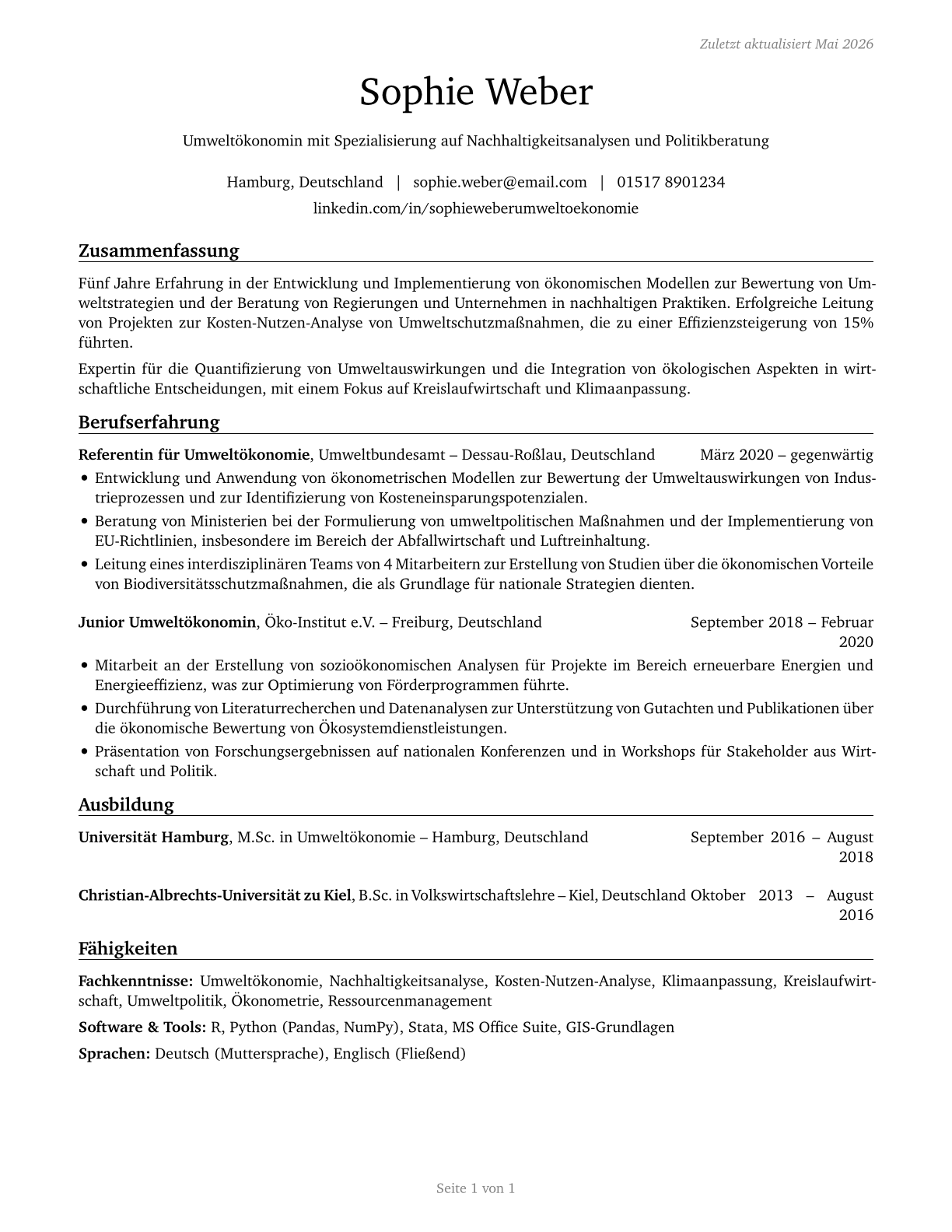 Environmental Economists CV in German — page 1