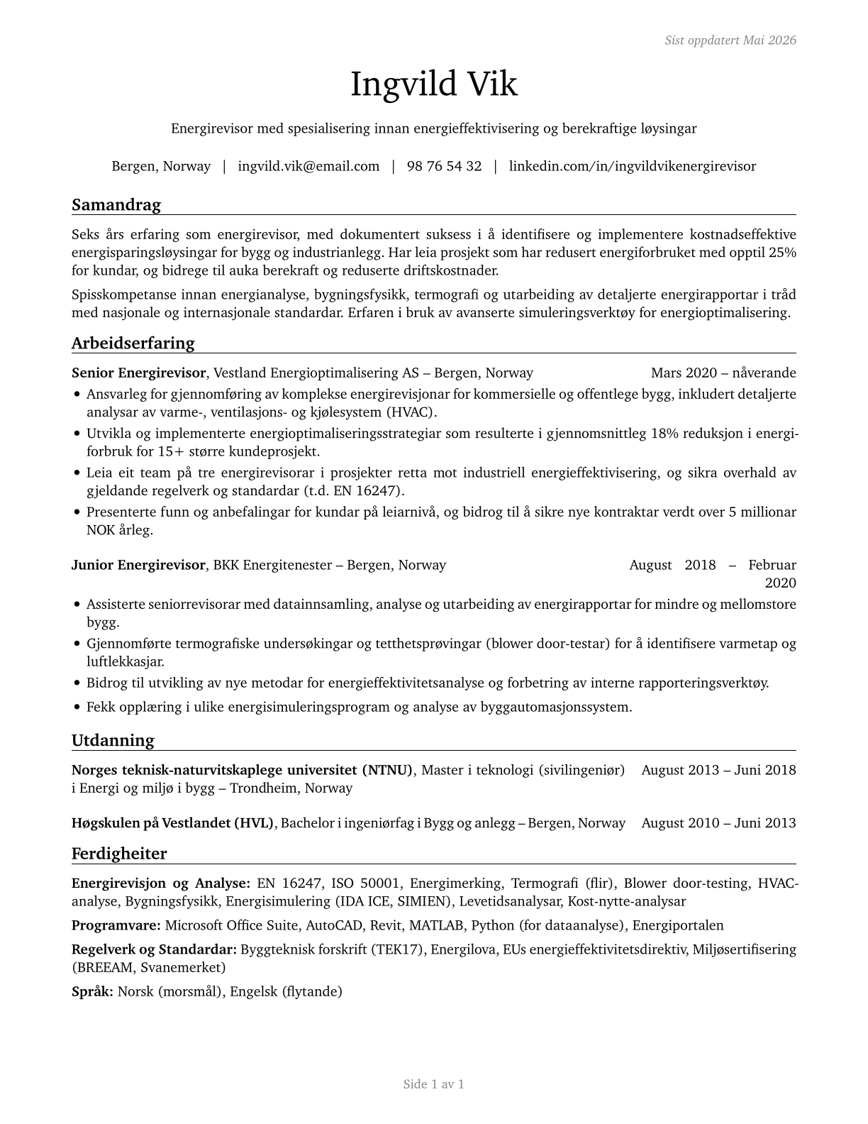 Energy Auditors CV in Norwegian_nynorsk — page 1