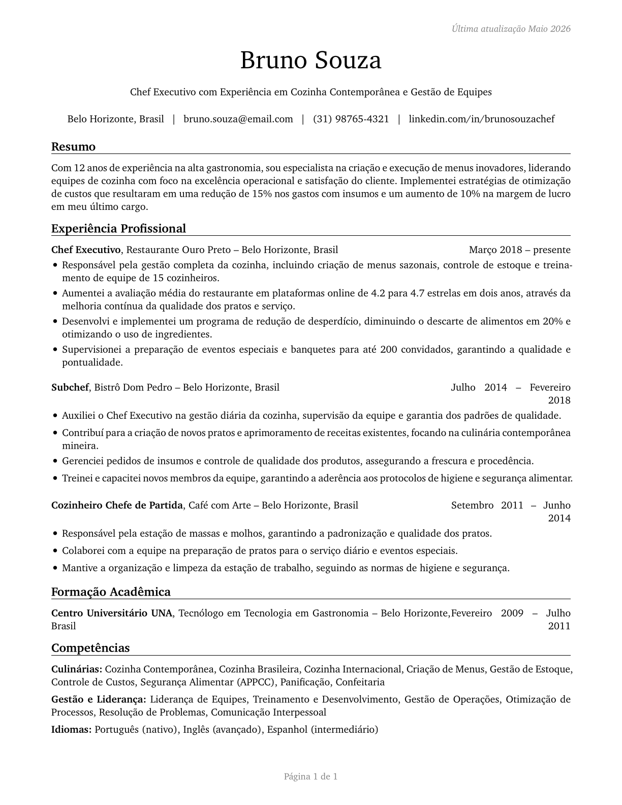 Chefs and Head Cooks CV in Portuguese — page 1