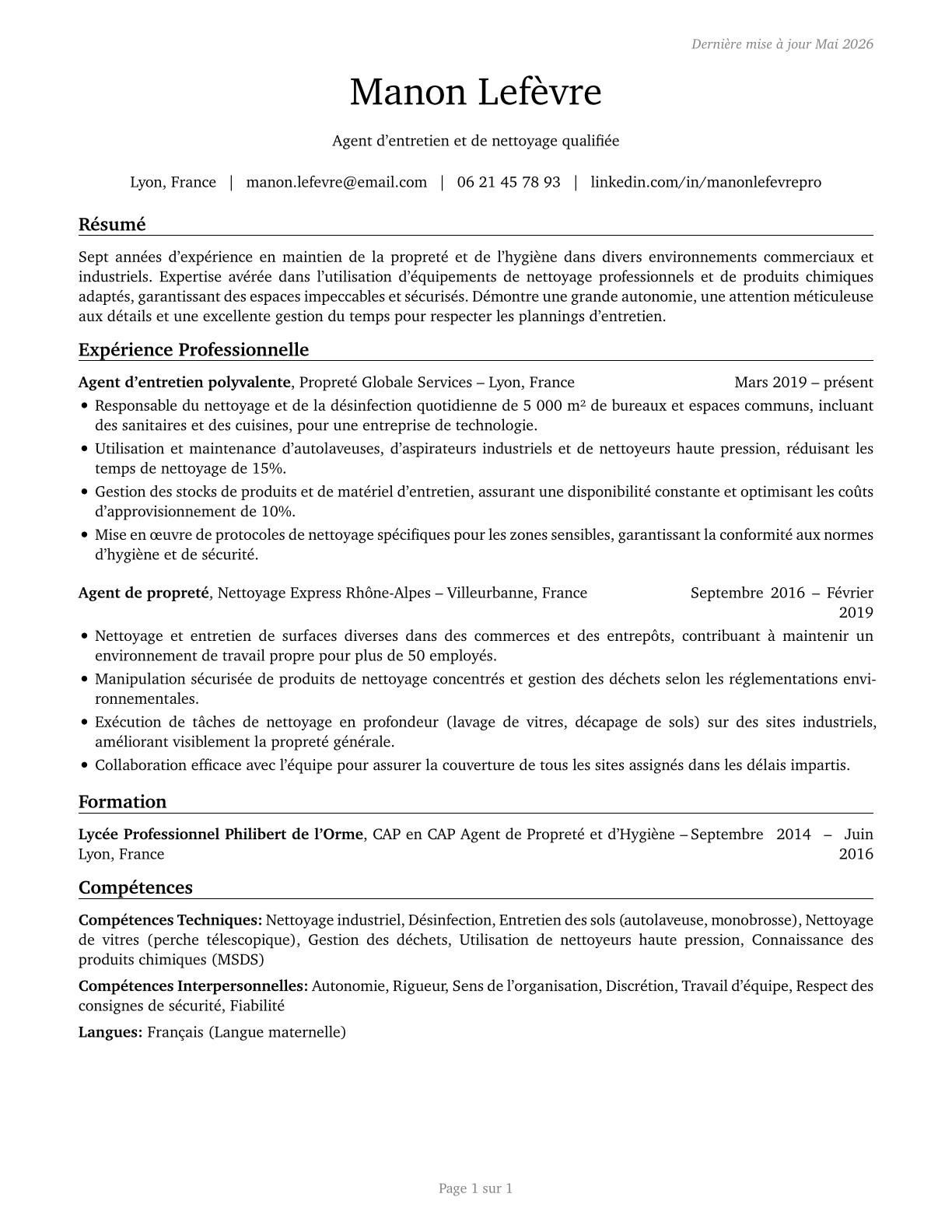 Janitors and Cleaners, Except Maids and Housekeeping Cleaners CV in French — page 1