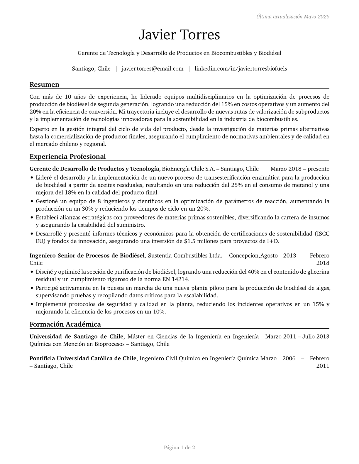 Biofuels/Biodiesel Technology and Product Development Managers CV in Spanish — page 1
