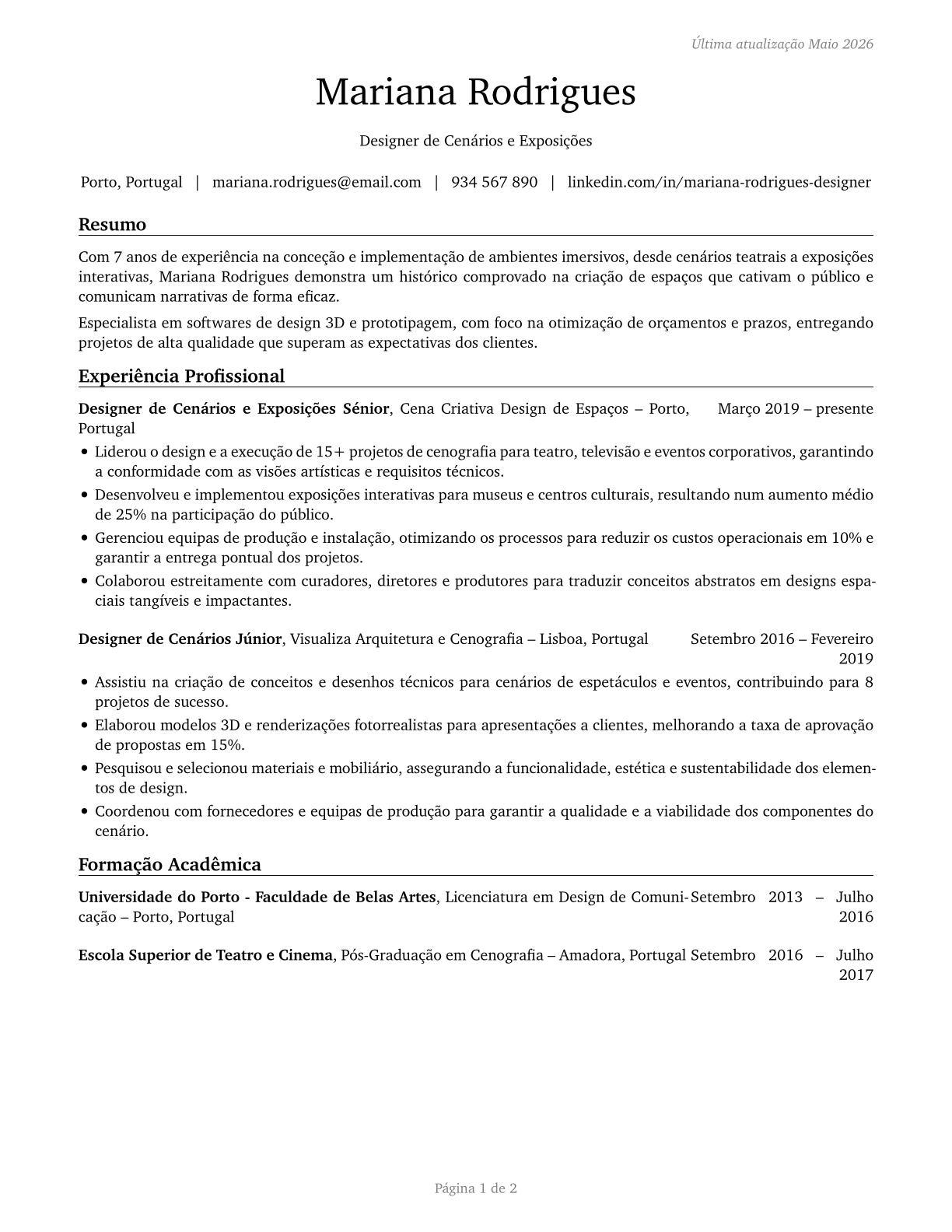 Set and Exhibit Designers CV in Portuguese — page 1
