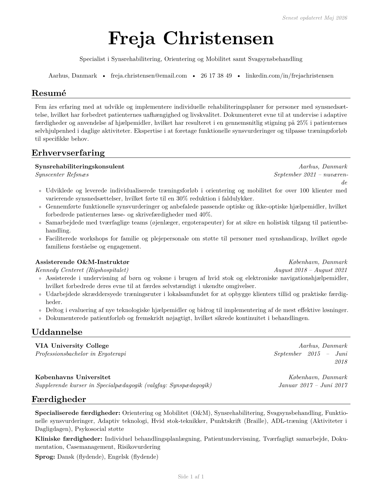 Low Vision Therapists, Orientation and Mobility Specialists, and Vision Rehabilitation Therapists CV in Danish — page 1