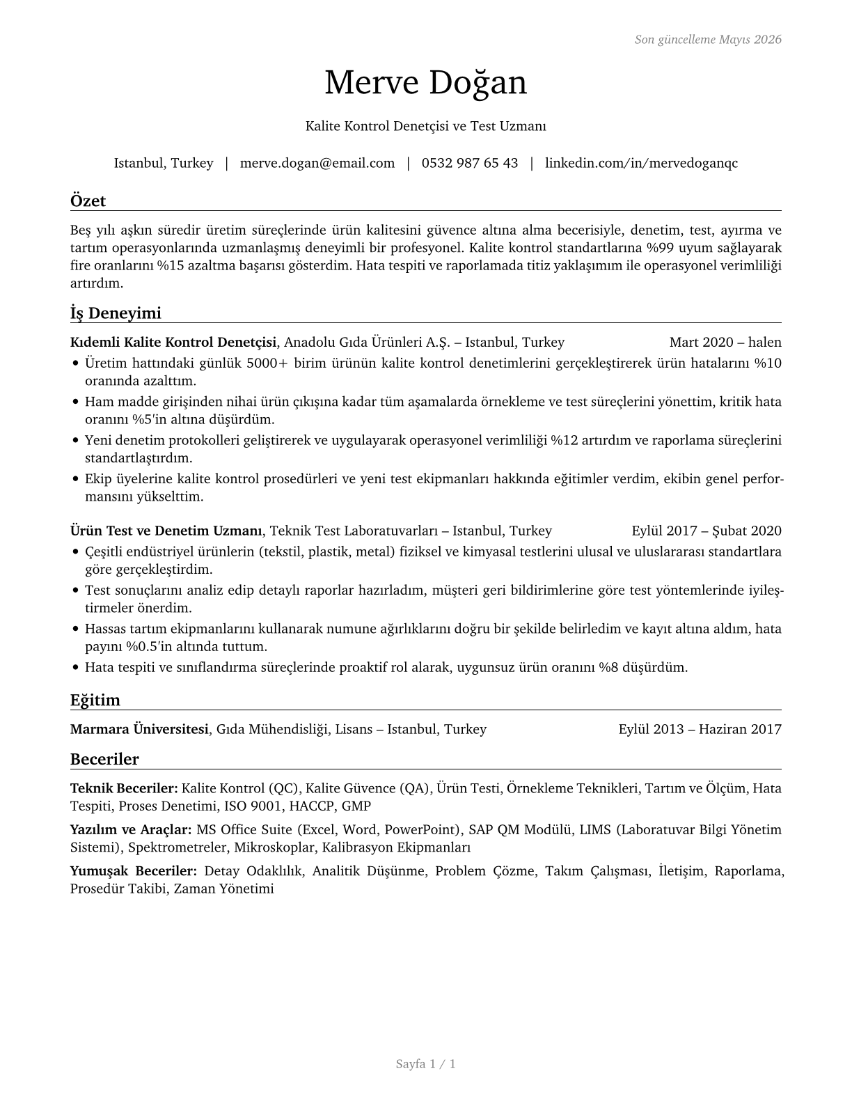 Inspectors, Testers, Sorters, Samplers, and Weighers CV in Turkish — page 1