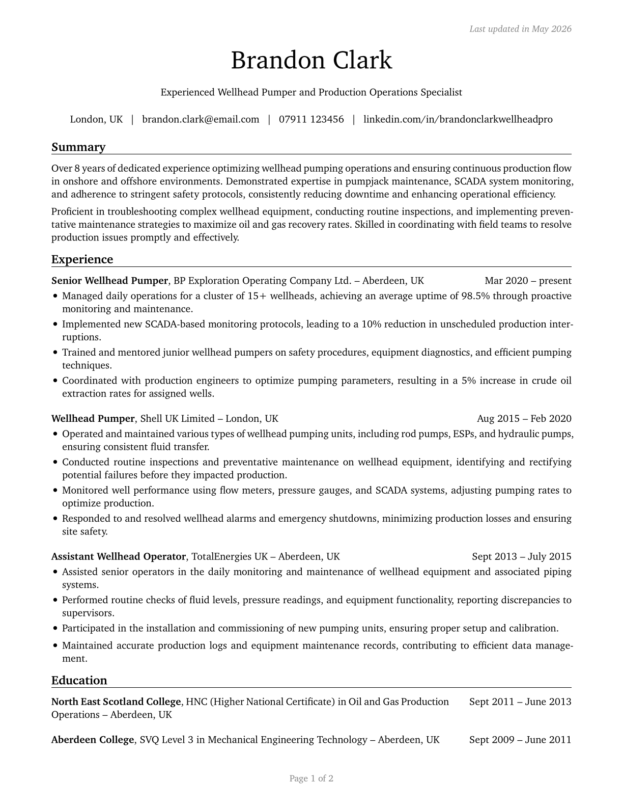 Wellhead Pumpers CV in English — page 1