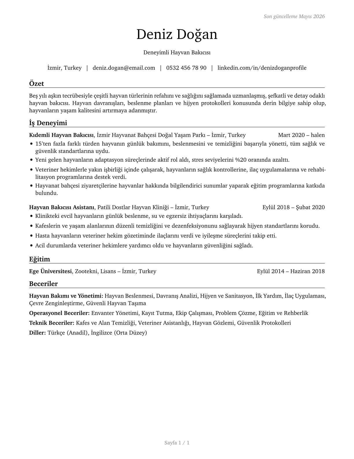 Animal Caretakers CV in Turkish — page 1