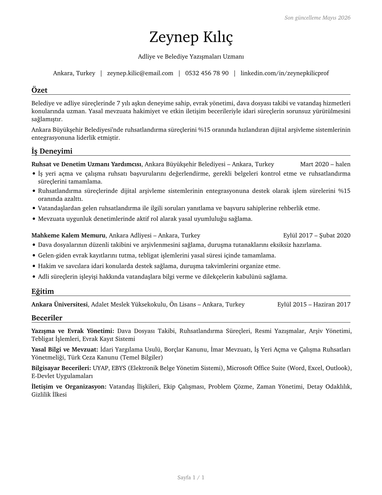 Court, Municipal, and License Clerks CV in Turkish — page 1