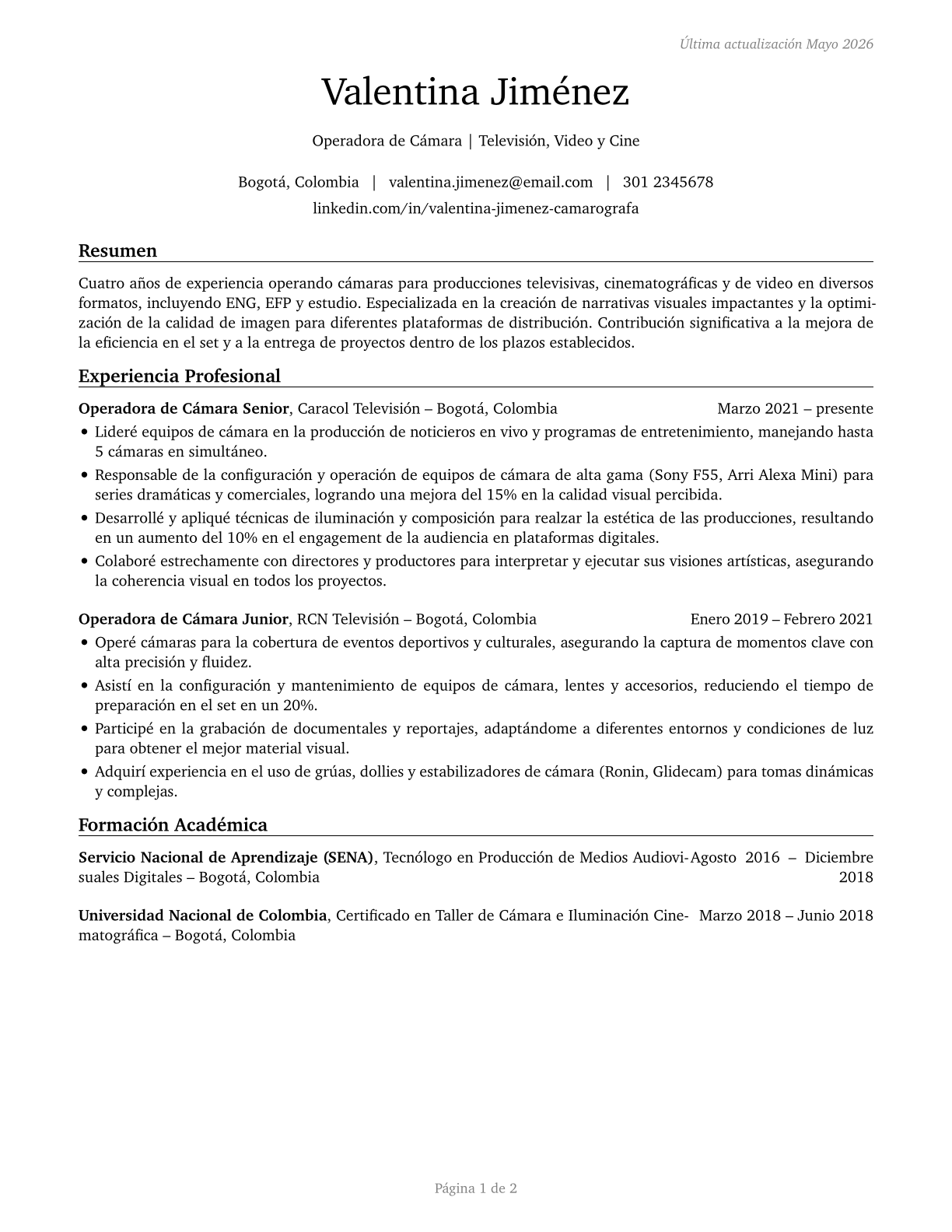 Camera Operators, Television, Video, and Film CV in Spanish — page 1