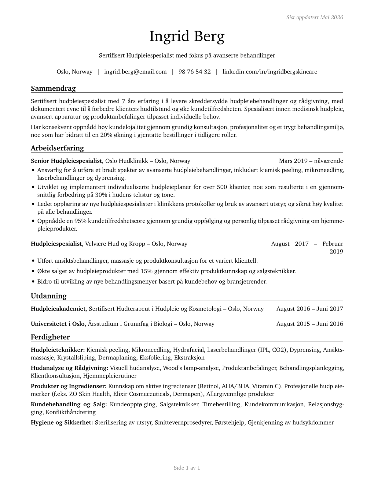Skincare Specialists CV in Norwegian_bokmal — page 1