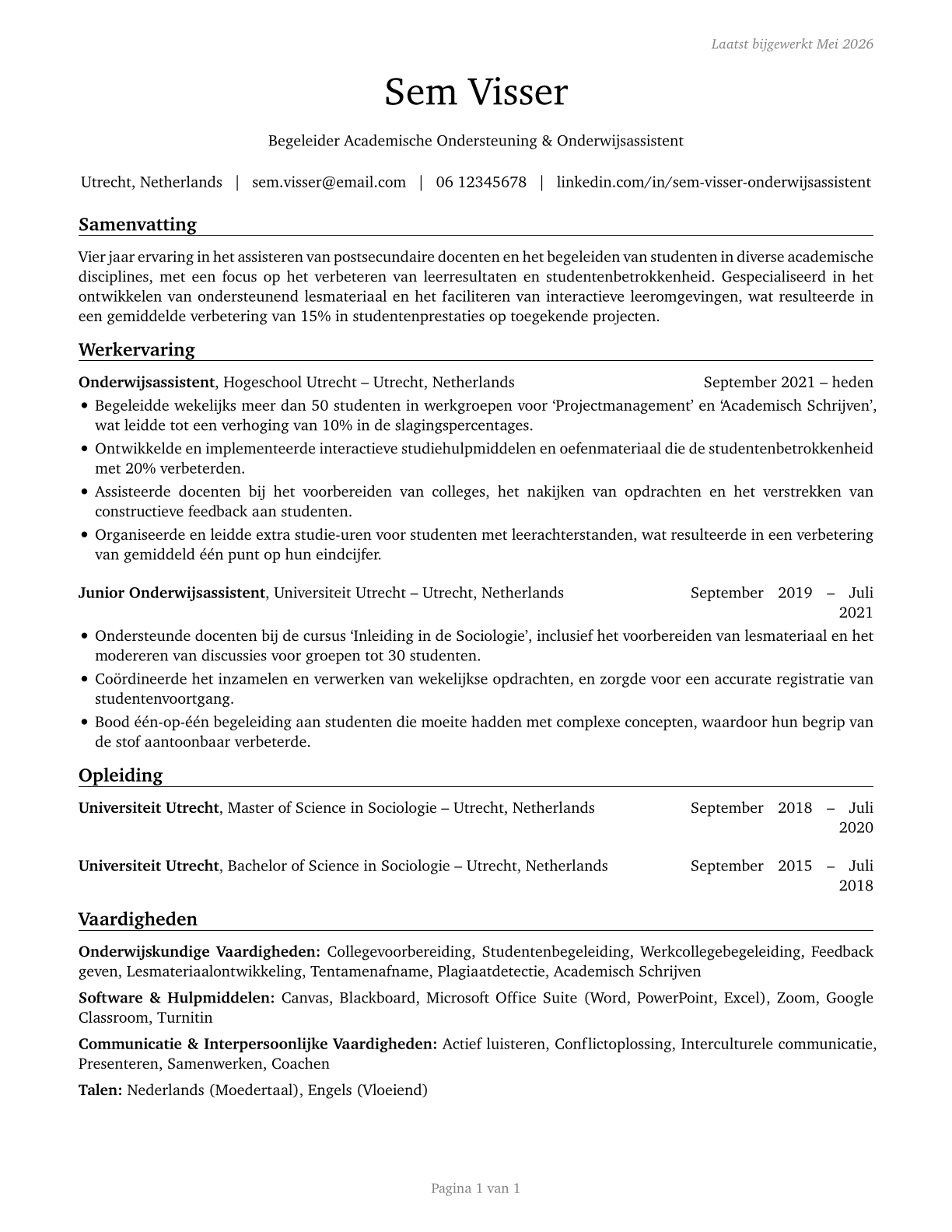 Teaching Assistants, Postsecondary CV in Dutch — page 1
