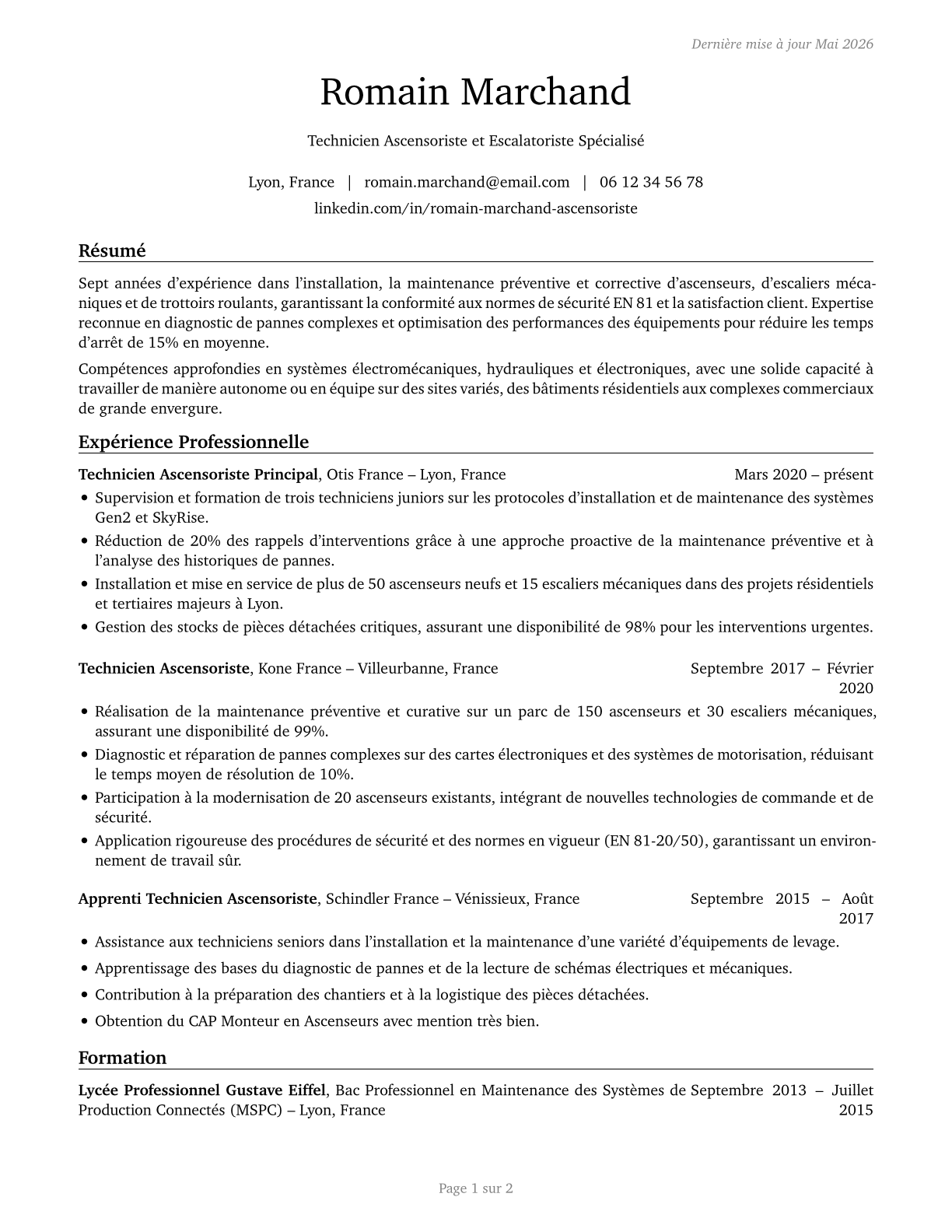 Elevator and Escalator Installers and Repairers CV in French — page 1