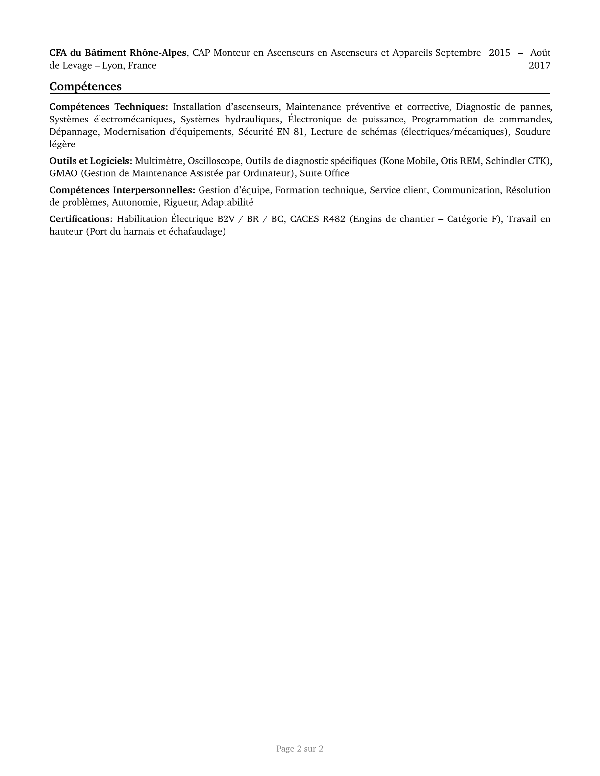 Elevator and Escalator Installers and Repairers CV in French — page 2