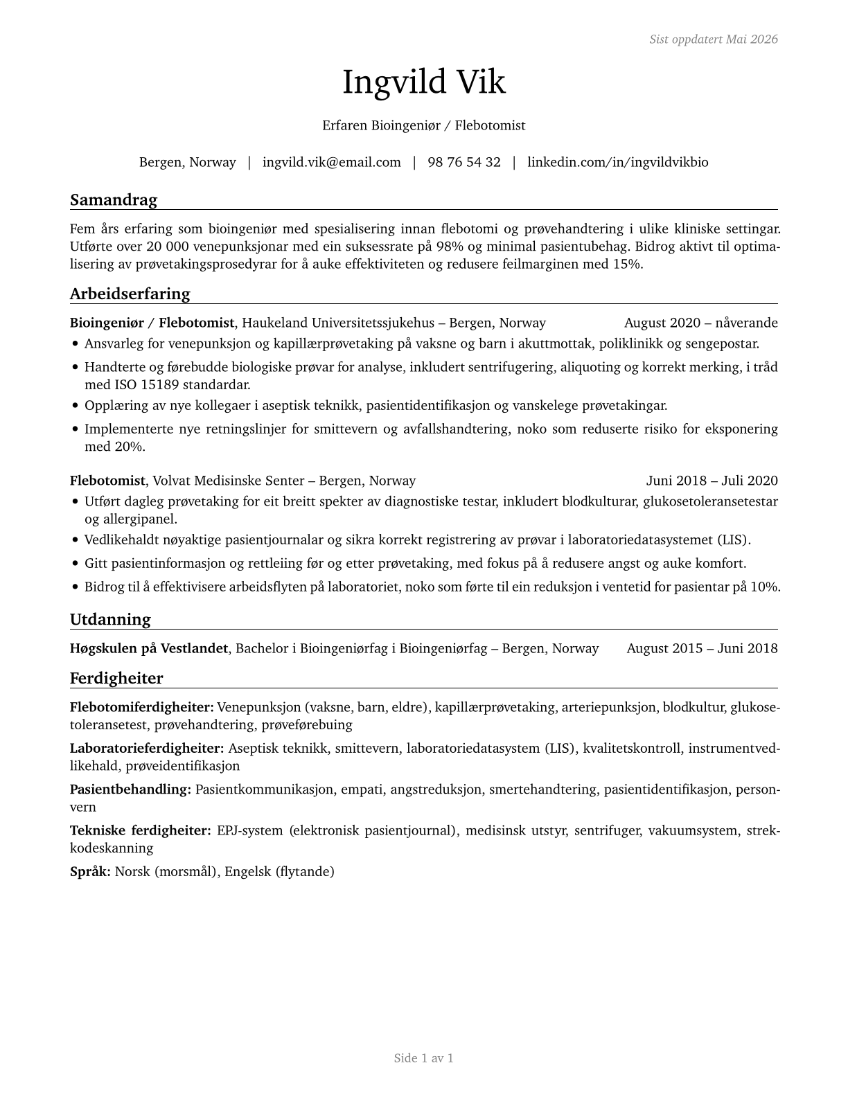 Phlebotomists CV in Norwegian_nynorsk — page 1