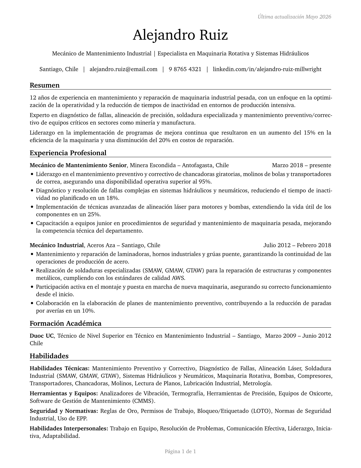 Millwrights CV in Spanish — page 1