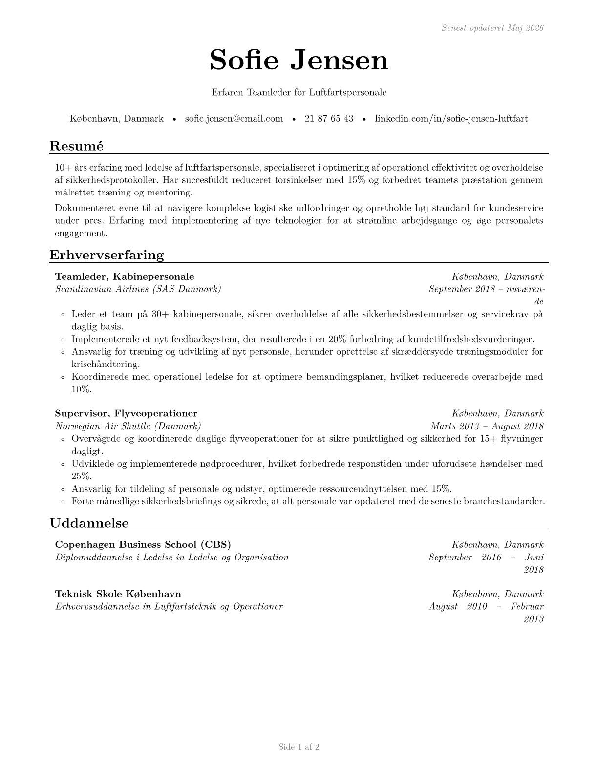 First-Line Supervisors of Air Crew Members CV in Danish — page 1
