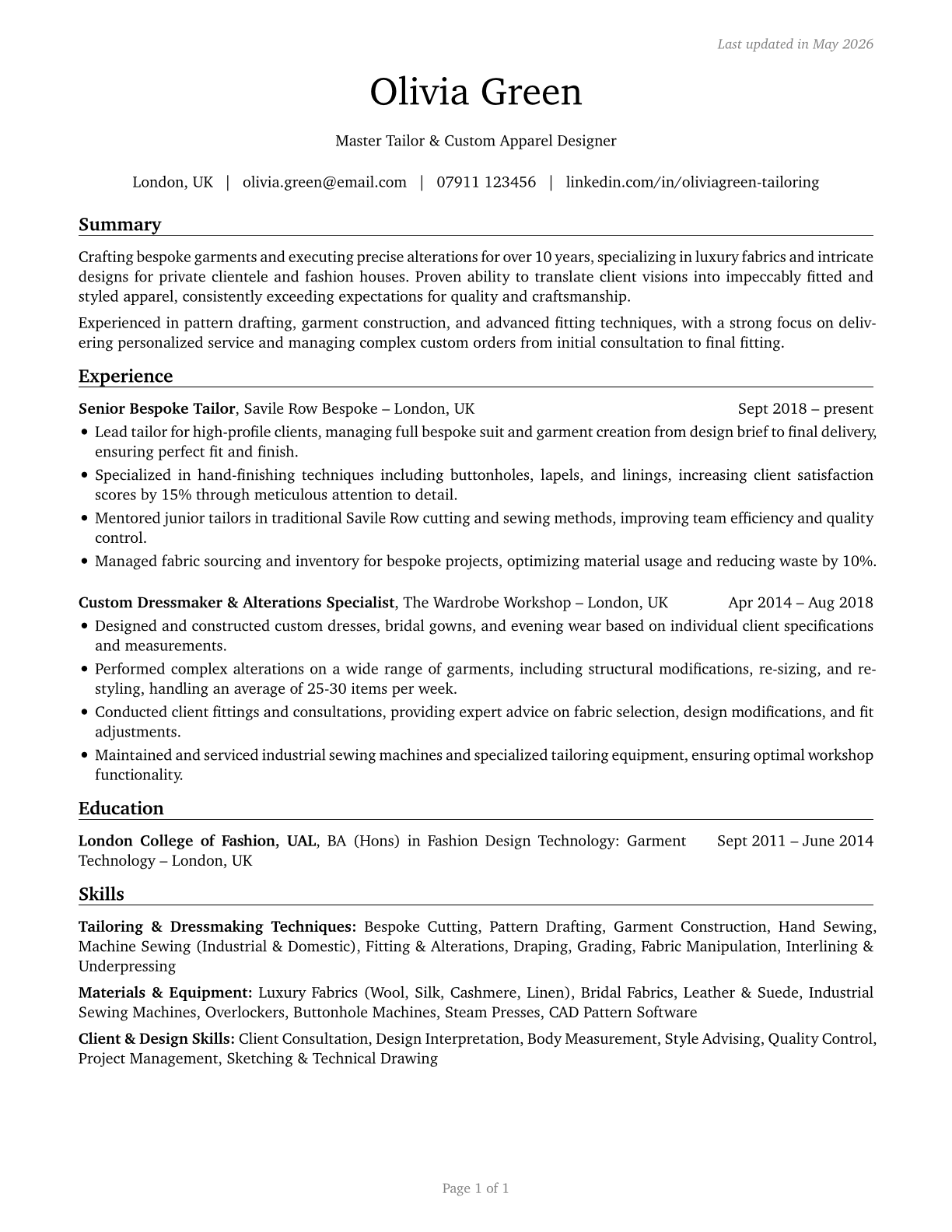 Tailors, Dressmakers, and Custom Sewers CV in English — page 1
