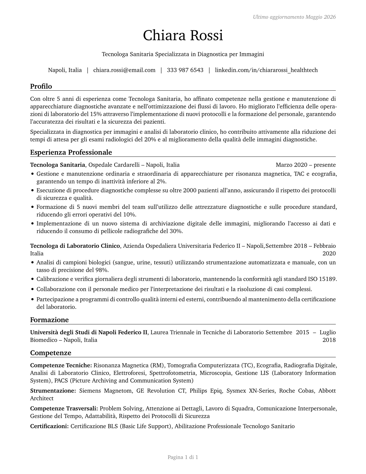 Health Technologists and Technicians, All Other CV in Italian — page 1