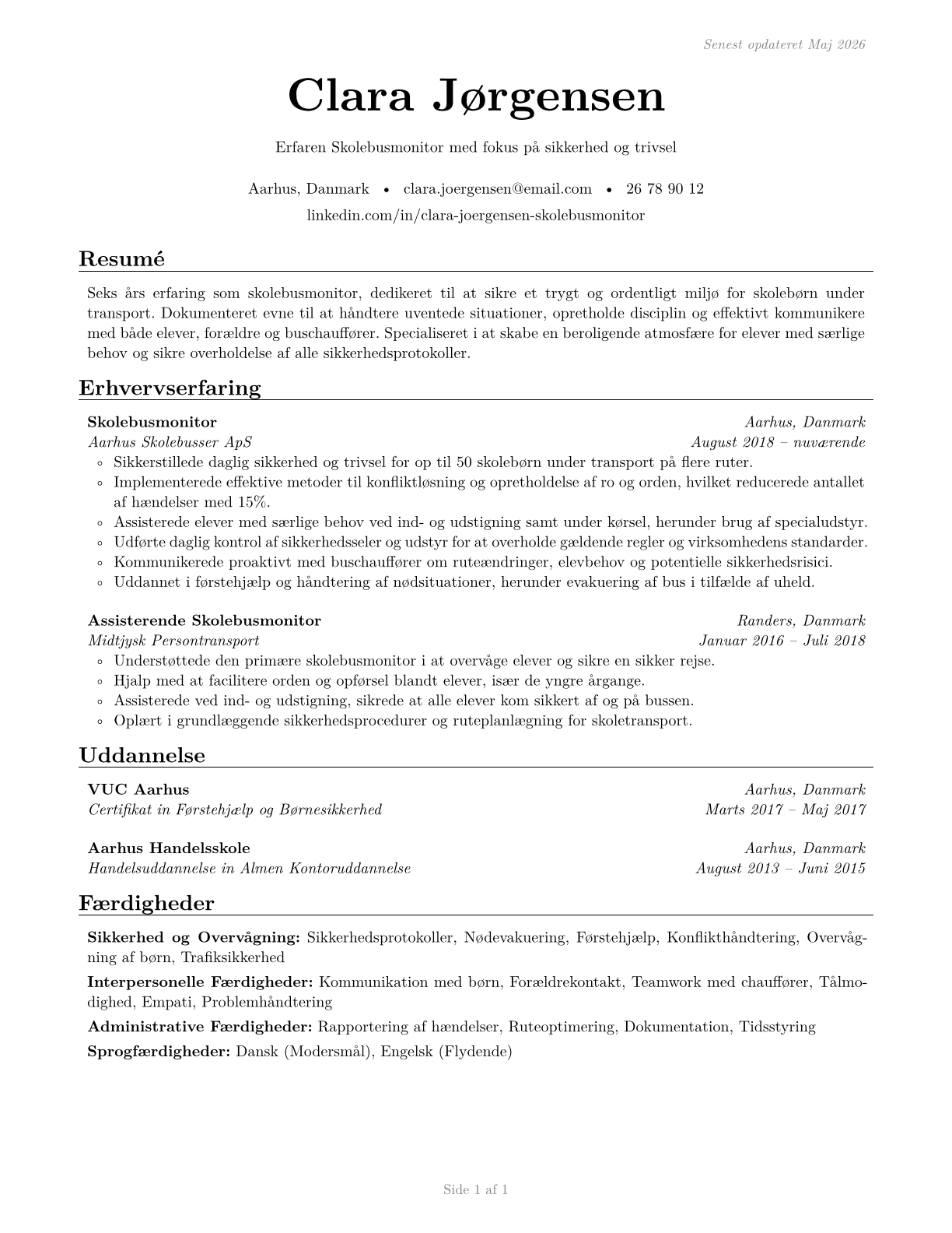 School Bus Monitors CV in Danish — page 1