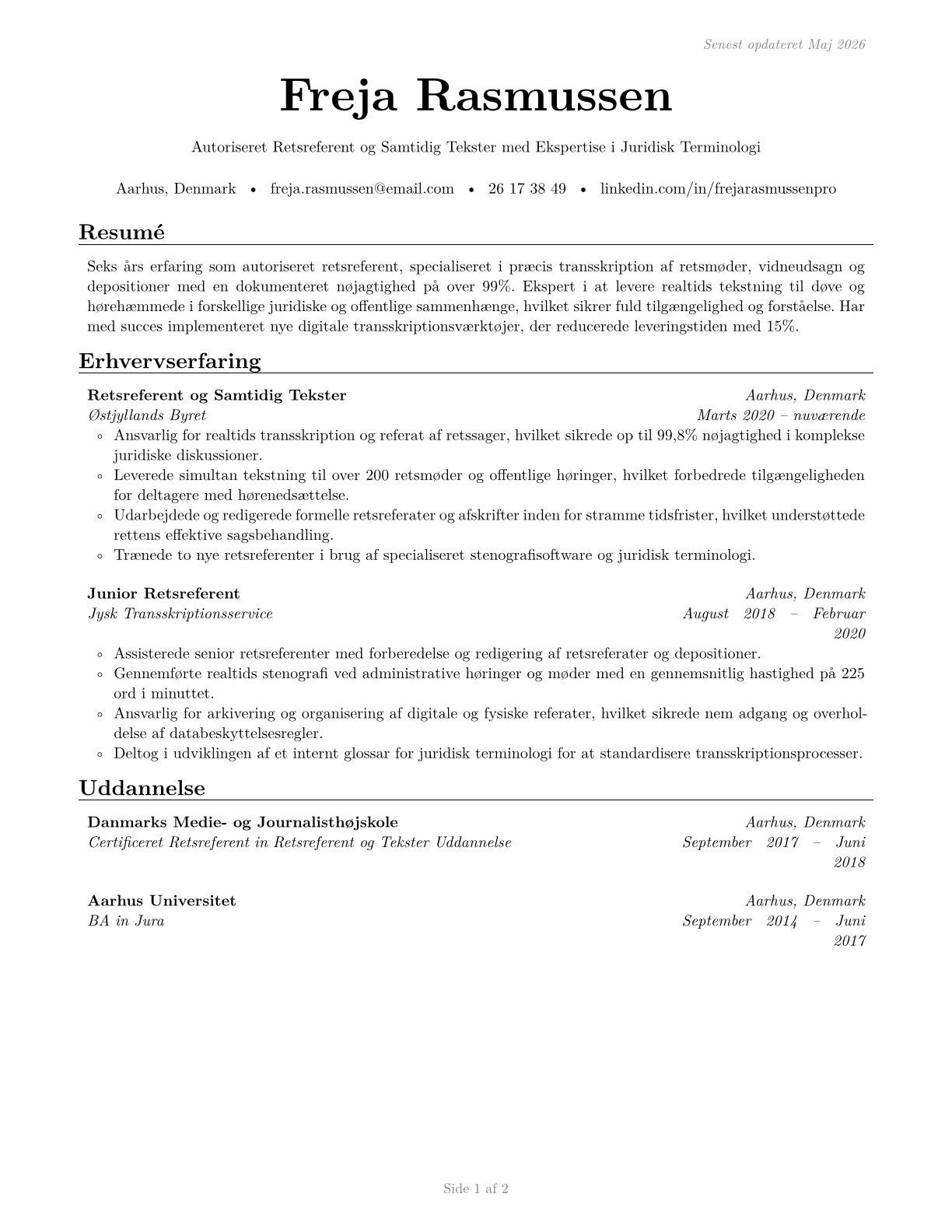 Court Reporters and Simultaneous Captioners CV in Danish — page 1