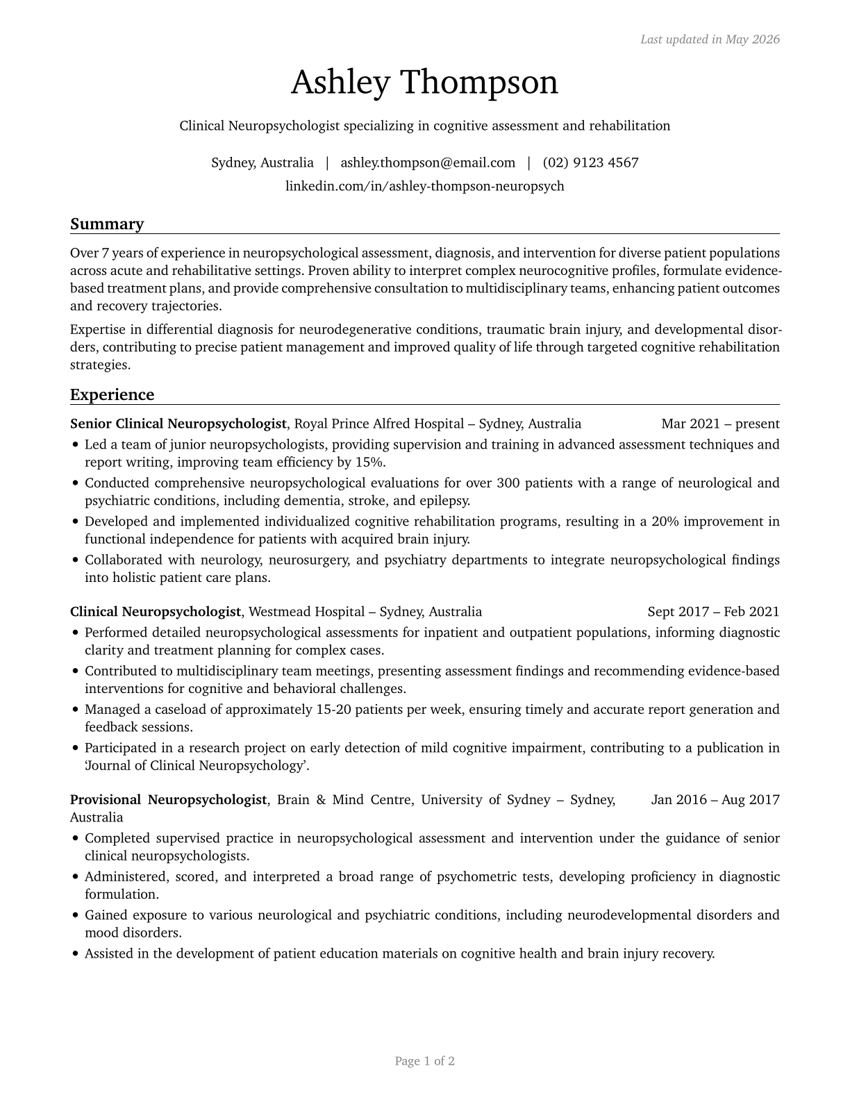 Neuropsychologists CV in English — page 1