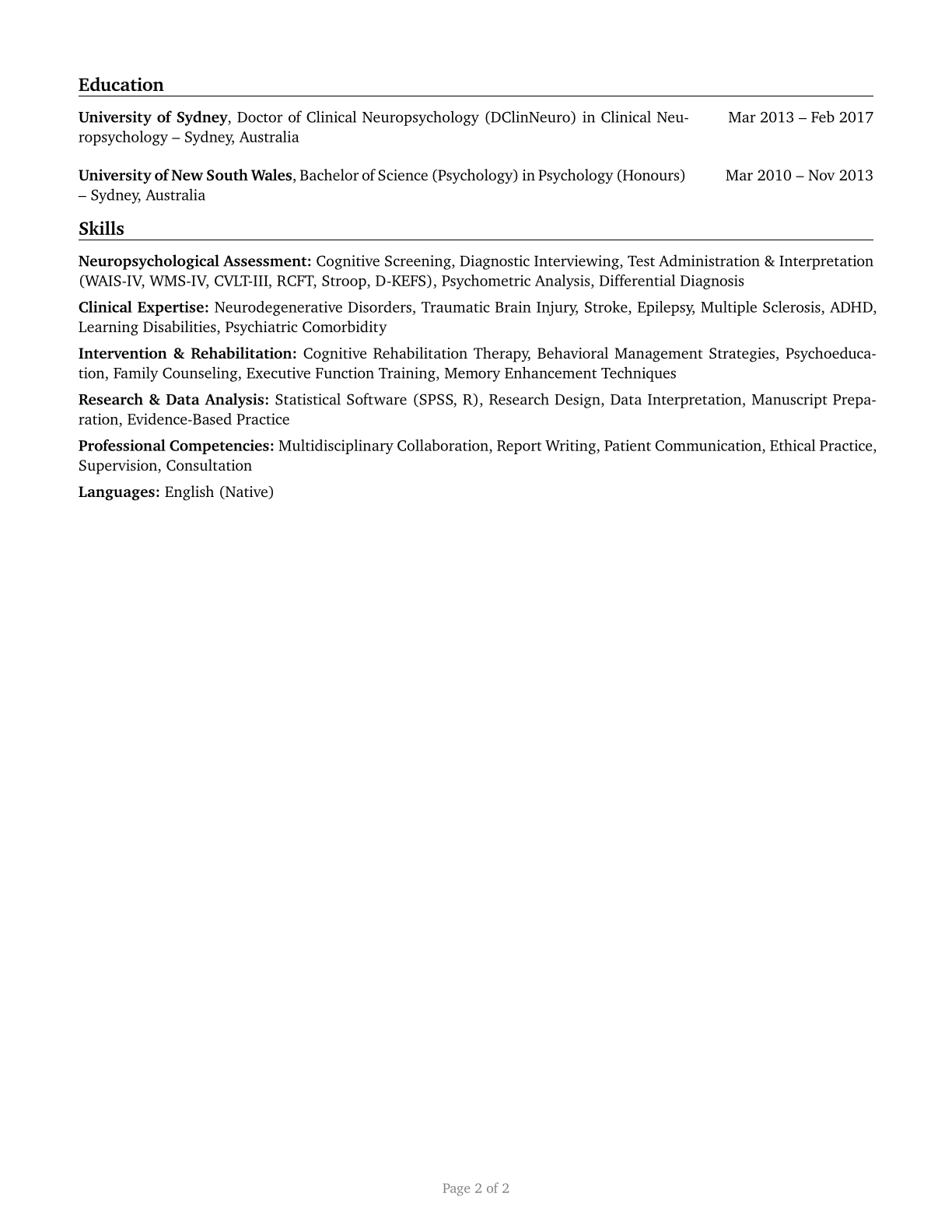 Neuropsychologists CV in English — page 2