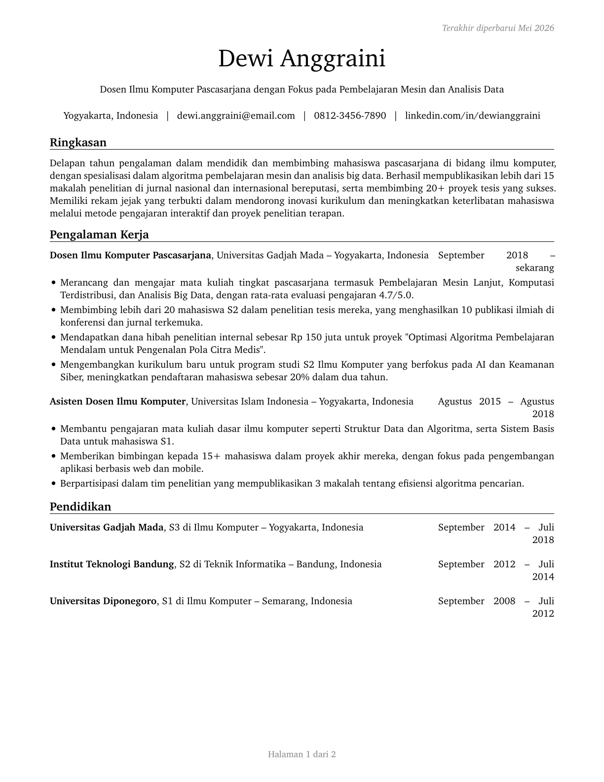 Computer Science Teachers, Postsecondary CV in Indonesian — page 1