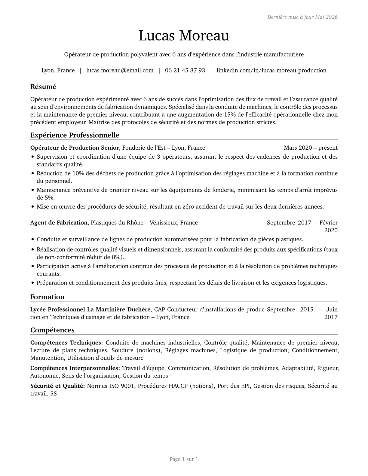 Production Workers, All Other CV in French — page 1