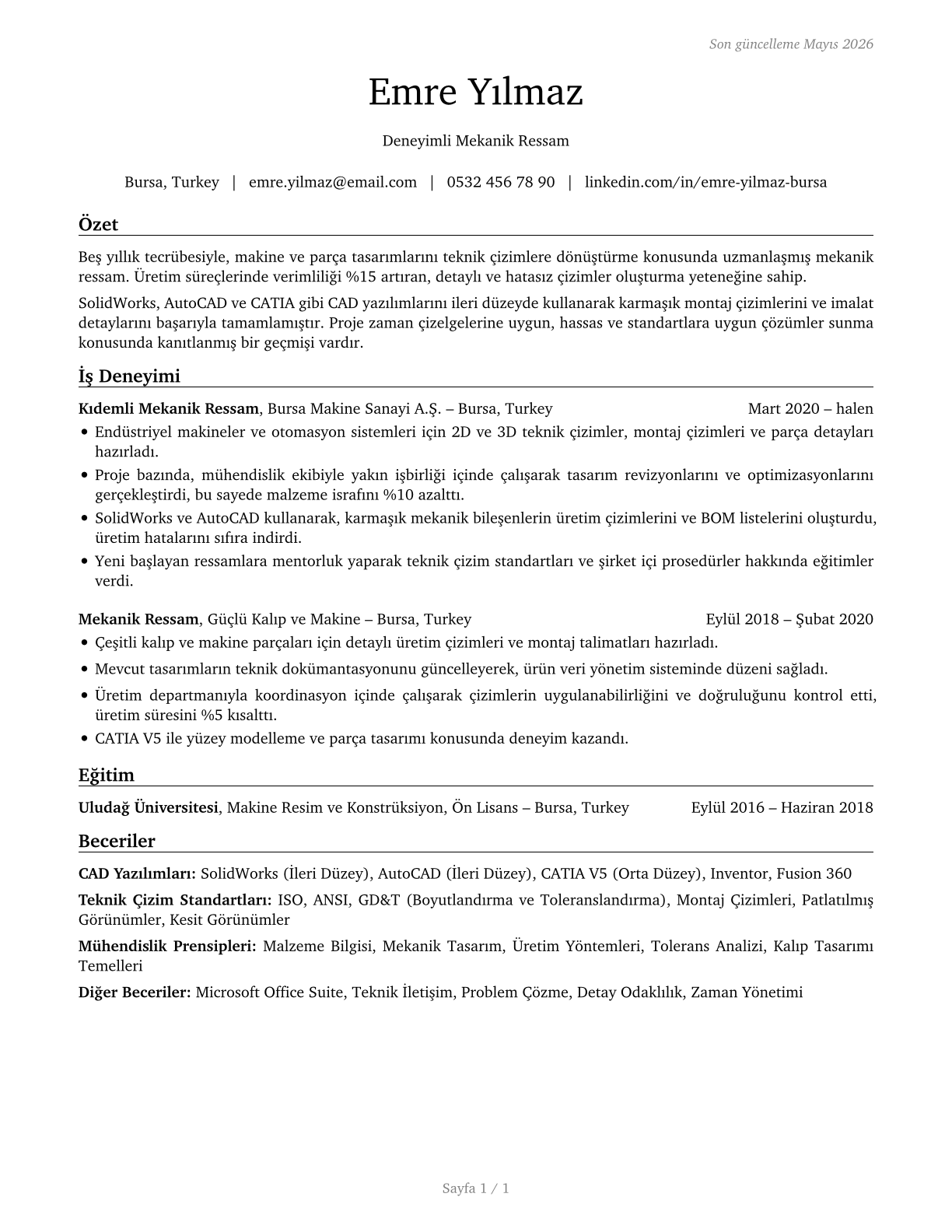 Mechanical Drafters CV in Turkish — page 1