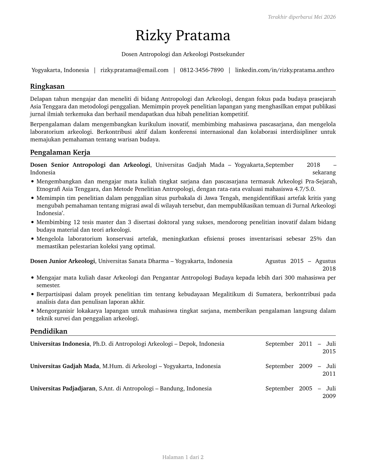 Anthropology and Archeology Teachers, Postsecondary CV in Indonesian — page 1