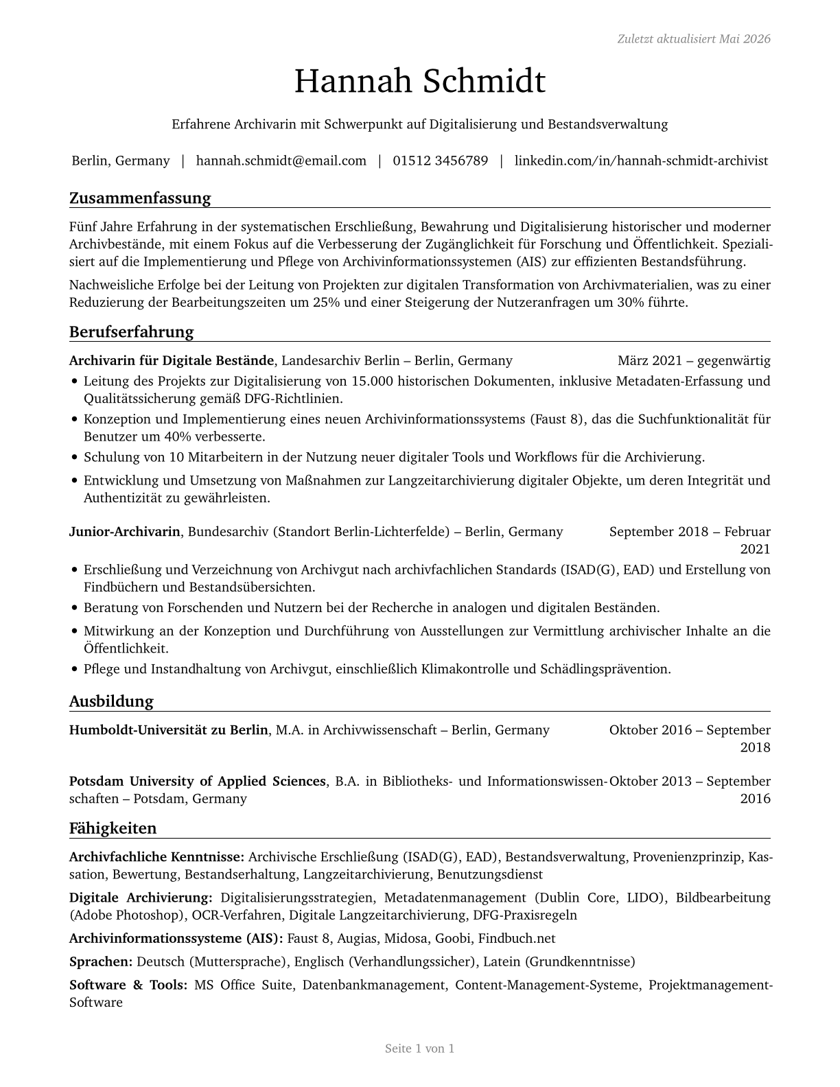 Archivists CV in German — page 1