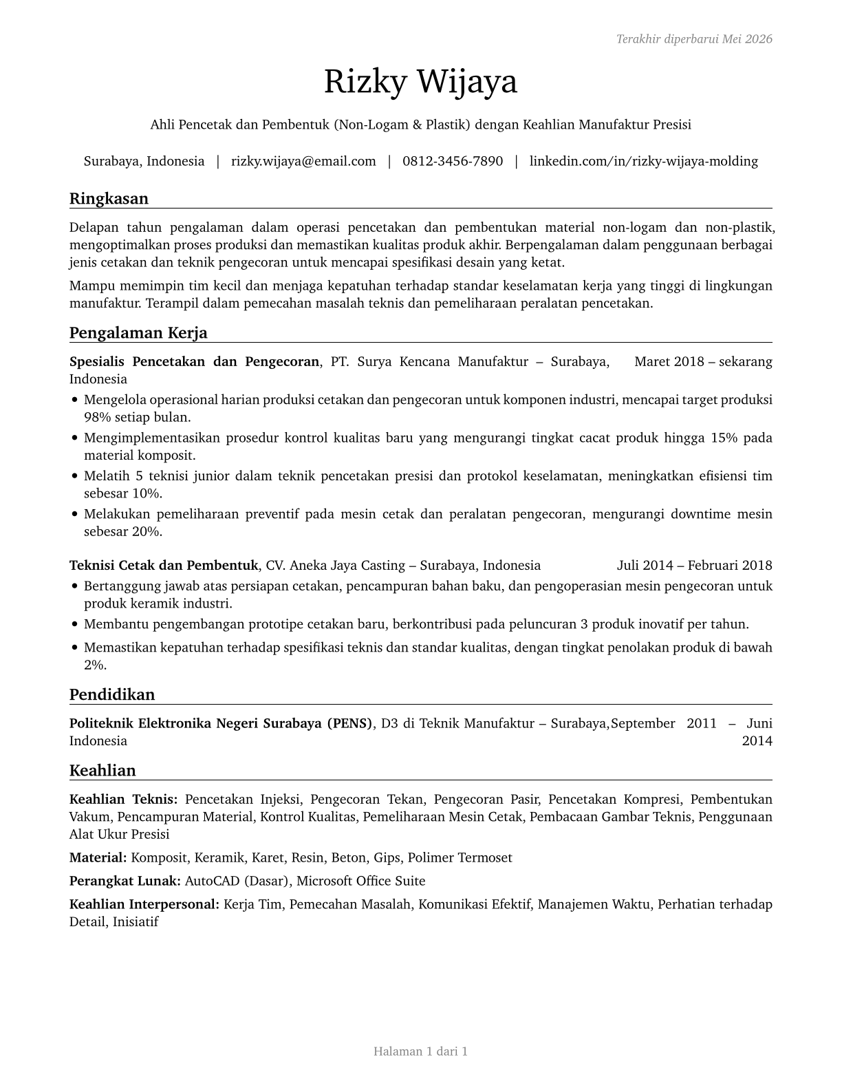 Molders, Shapers, and Casters, Except Metal and Plastic CV in Indonesian — page 1